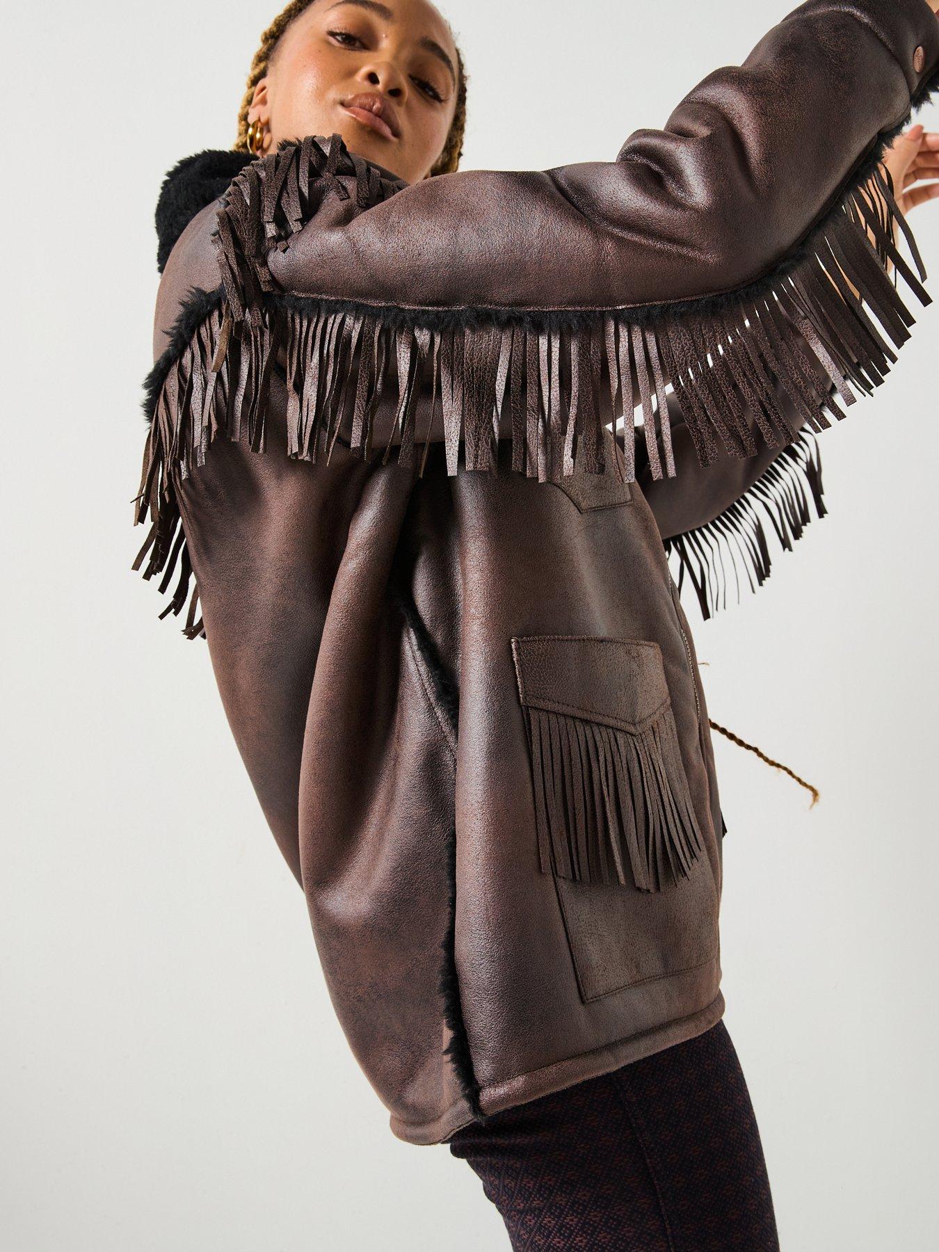 Image 4 of 6 of Wrangler Fringe Wrange Jacket Brown Leather - Black