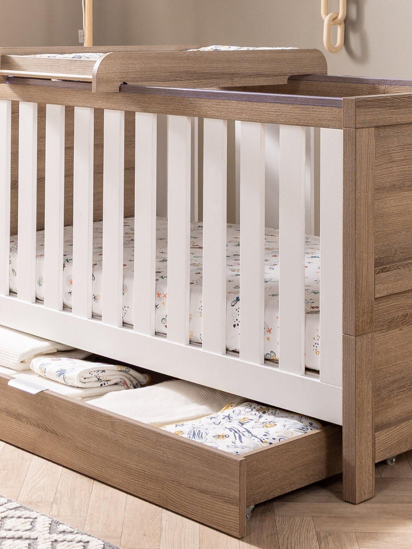 undefined Modena White  &  Oak Cot Bed with Drawer, Cot Top Changer and Mattress