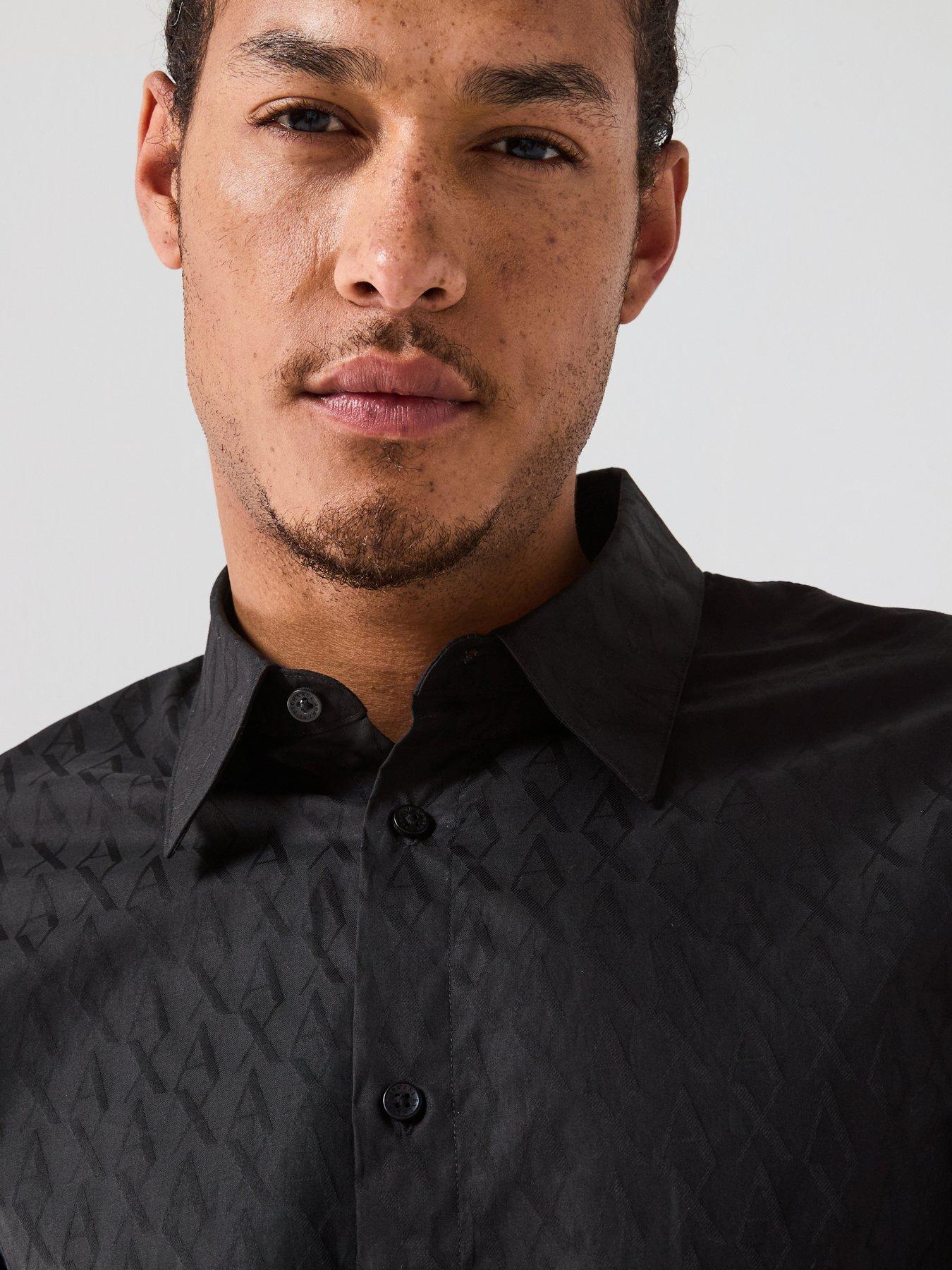 Image 4 of 4 of Armani Exchange All Over Monogram Long Sleeve Shirt - Black