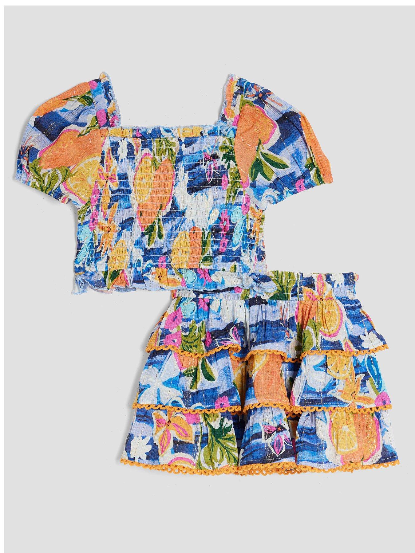 undefined Girls All Over Fruit Print Top And Skirt Set - Blue