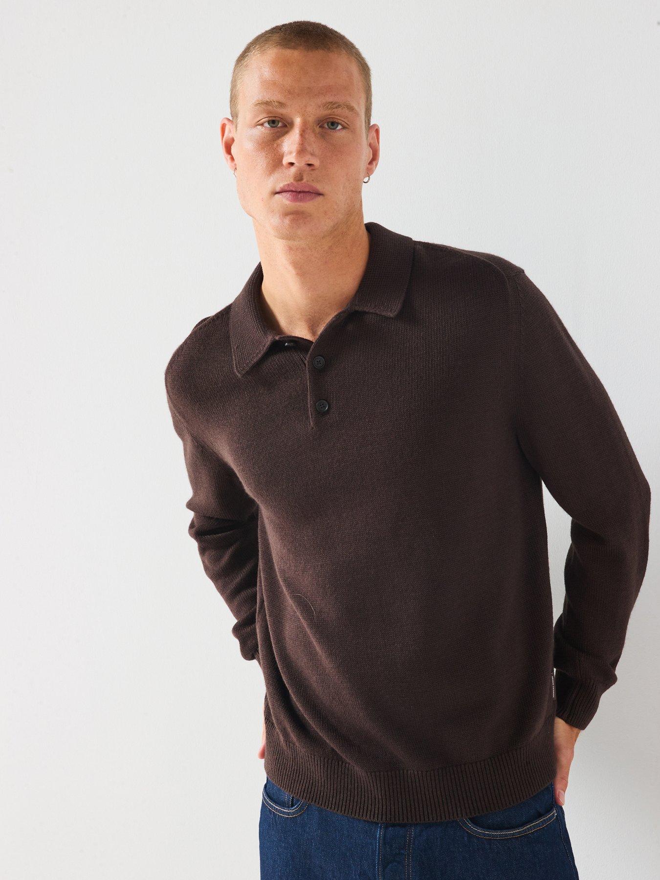 front image of armani-exchange-long-sleeve-knitted-polo-shirt-brown