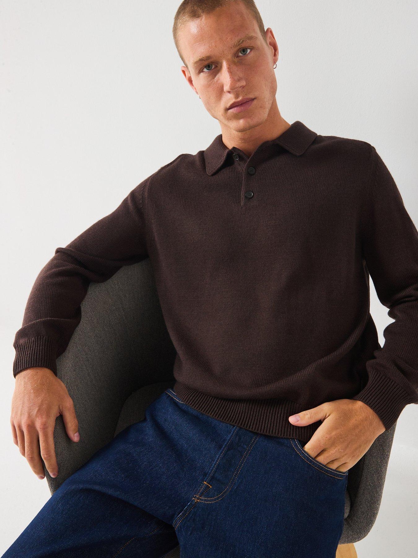  image of armani-exchange-long-sleeve-knitted-polo-shirt-brown