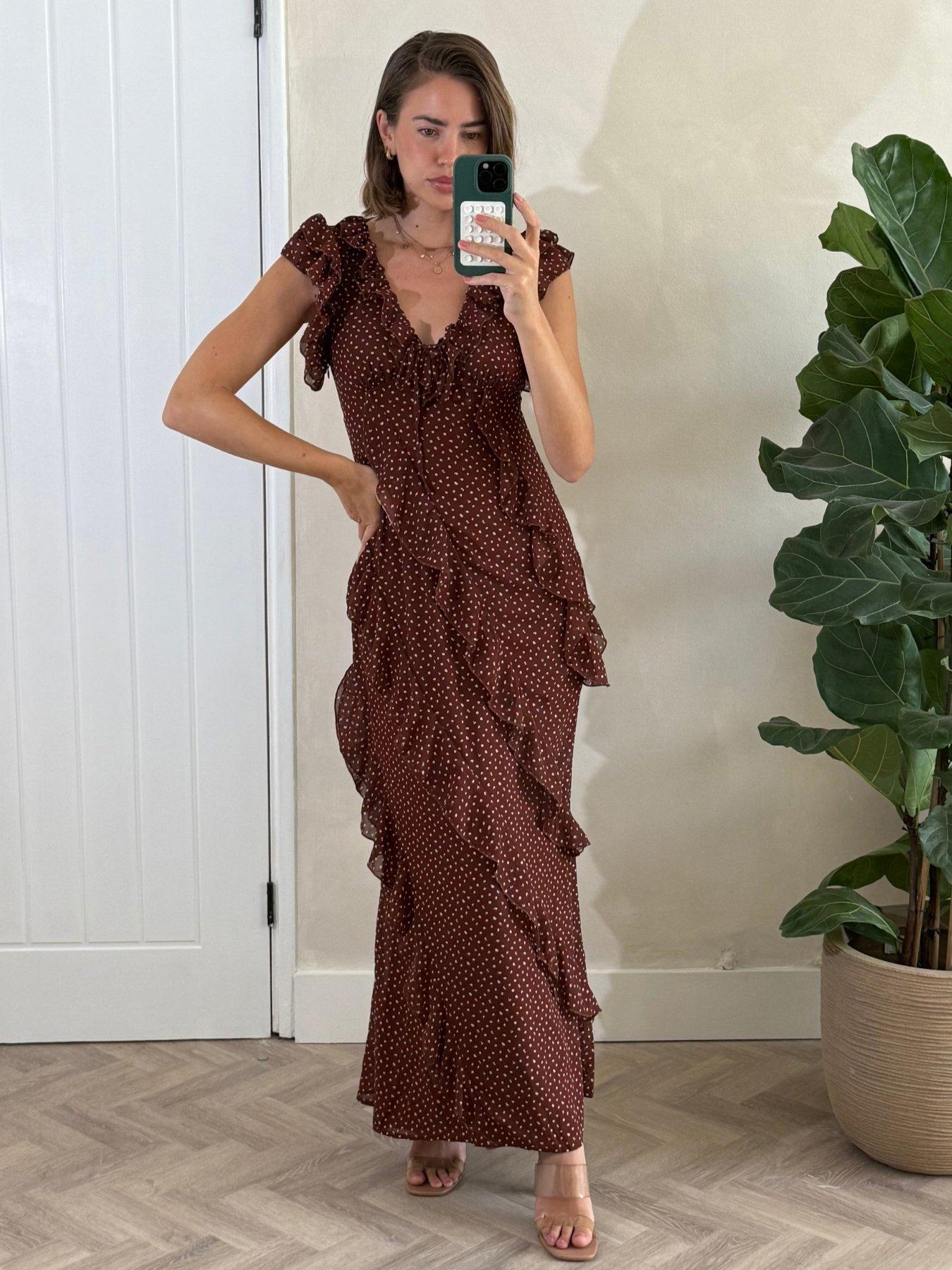 undefined Chocolate Spot Ruffle Maxi Dress - Brown