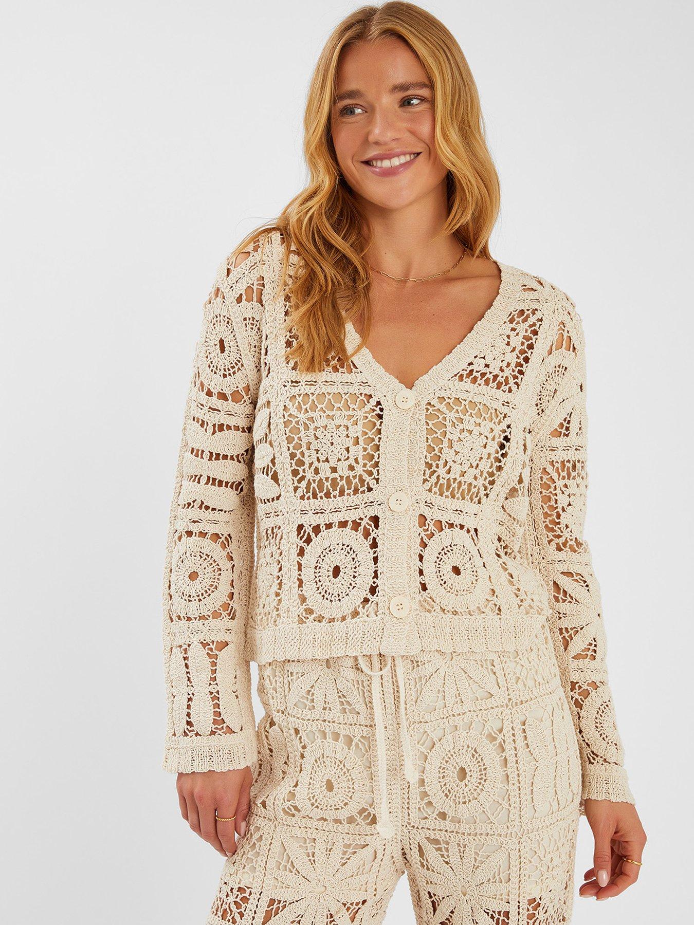 Image 1 of 4 of Accessorize Crochet Cardigan - Beige