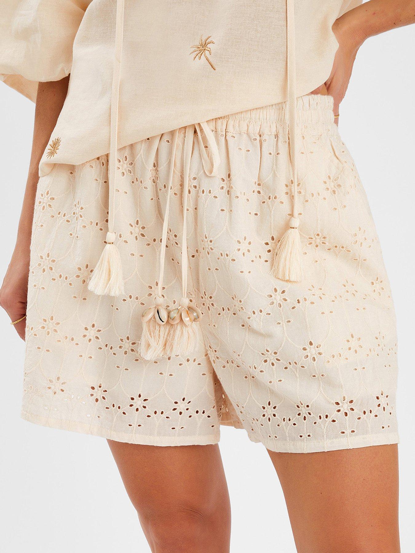 undefined Broderie High Waist Shorts - Cream