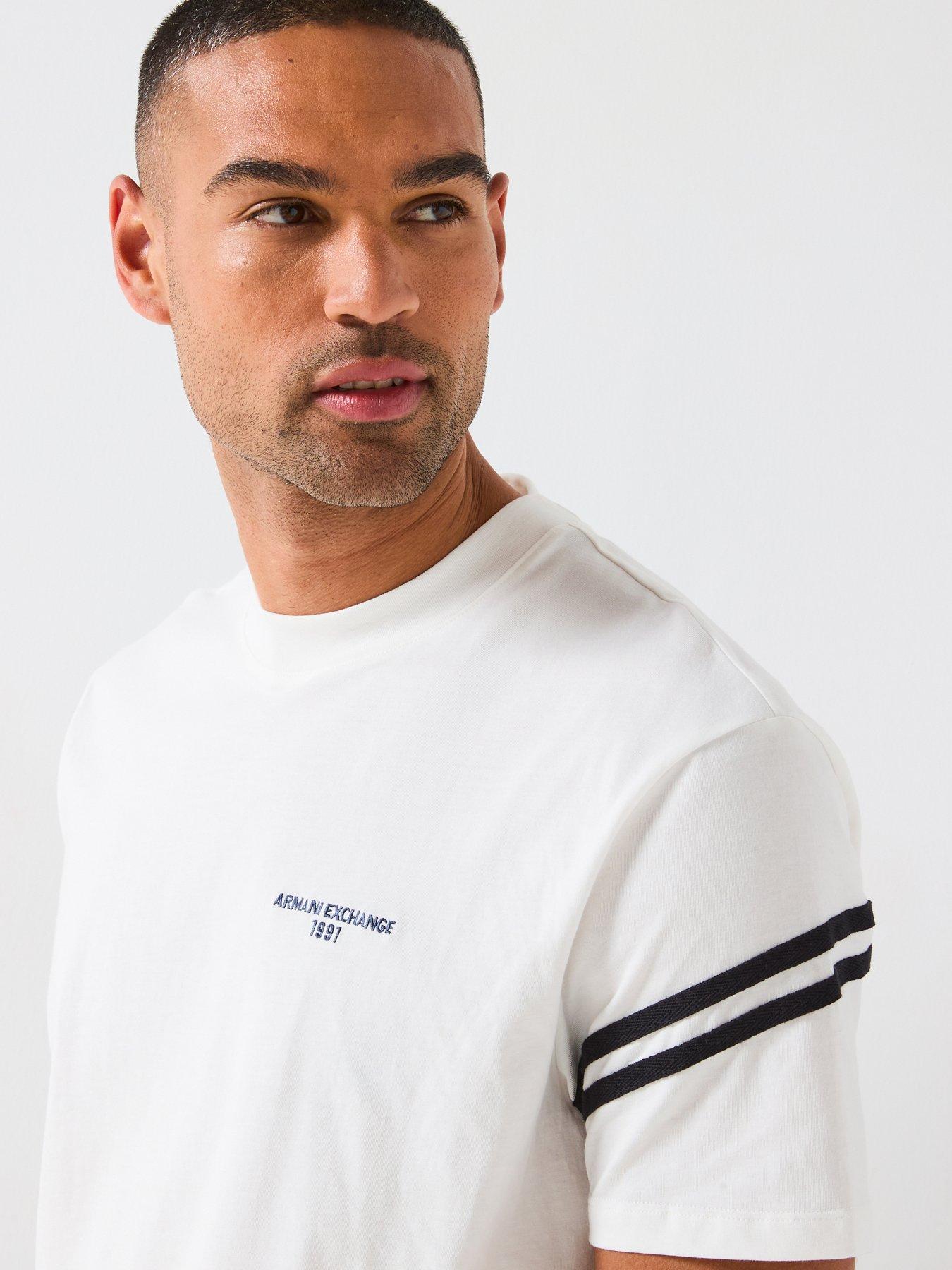 Image 5 of 6 of Armani Exchange Striped Sleeve Logo T-Shirt - Off White