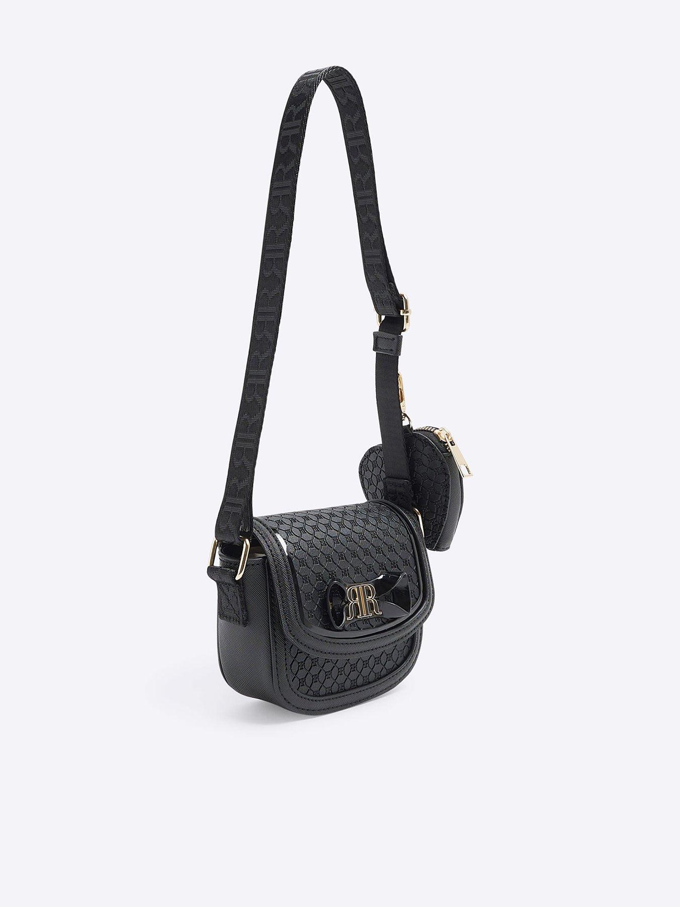 Image 1 of 4 of River Island Older Girls Embossed Bow Cross Body Bag - Black