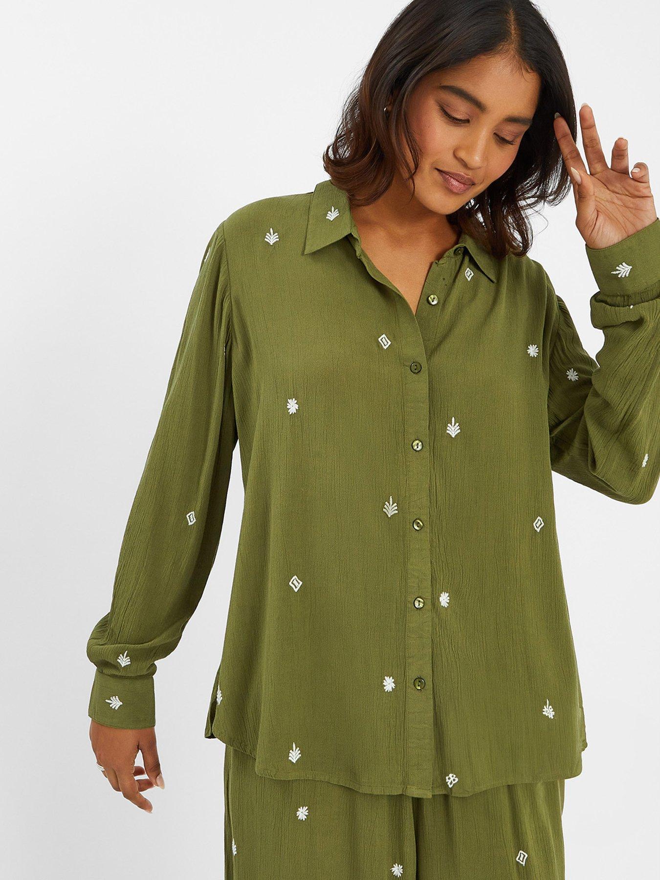 undefined Embroidered Crinkle Shirt - Khaki