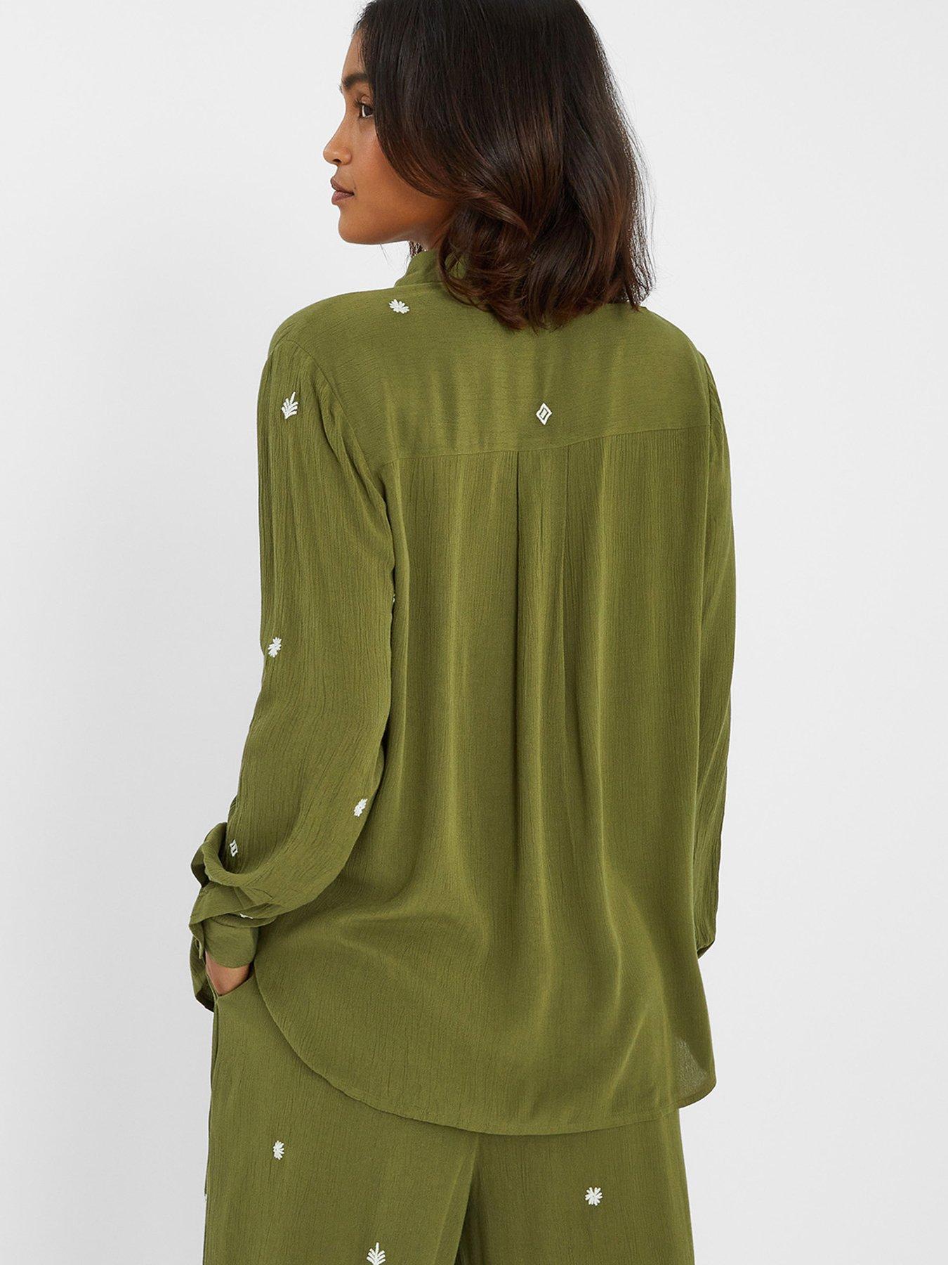 Image 2 of 5 of Accessorize Embroidered Crinkle Shirt - Khaki