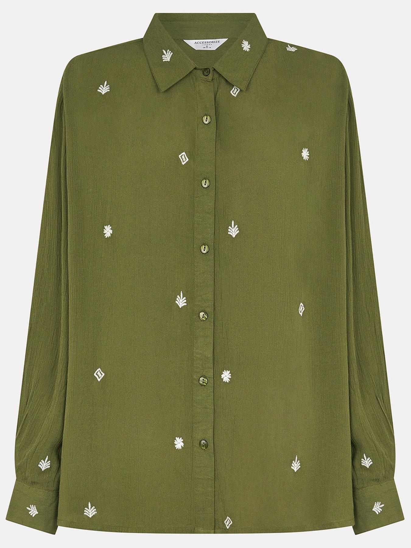 Image 3 of 5 of Accessorize Embroidered Crinkle Shirt - Khaki