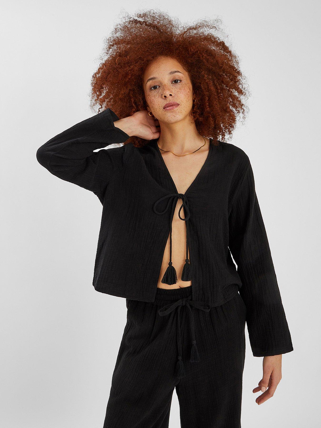 Image 1 of 4 of Accessorize Tie Front Crinkle Top - Black
