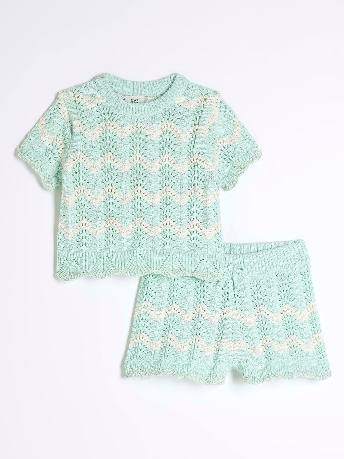 undefined Girls Striped Crochet Short Set - Blue
