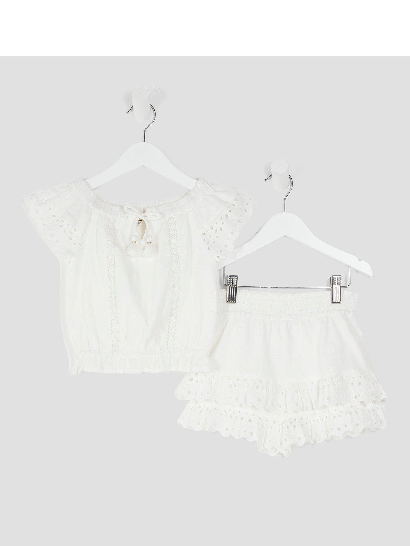 undefined Girls Broderie Tassel Top Set - White