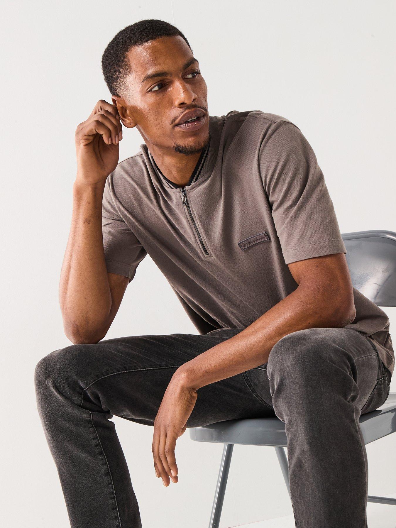 undefined Baseball Zip Collar Polo Shirt - Grey