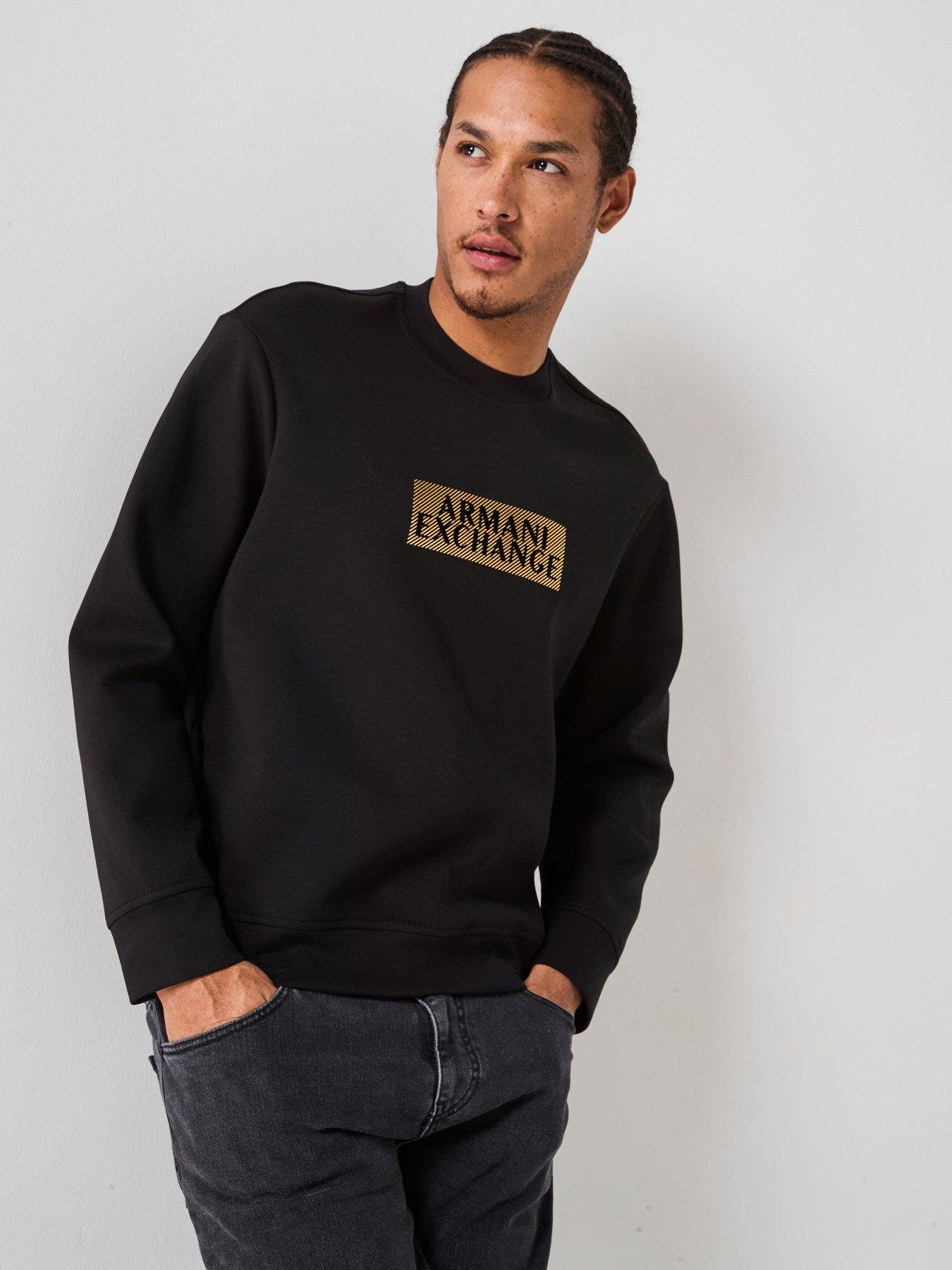 front image of armani-exchange-gold-box-logo-crew-sweatshirt-black