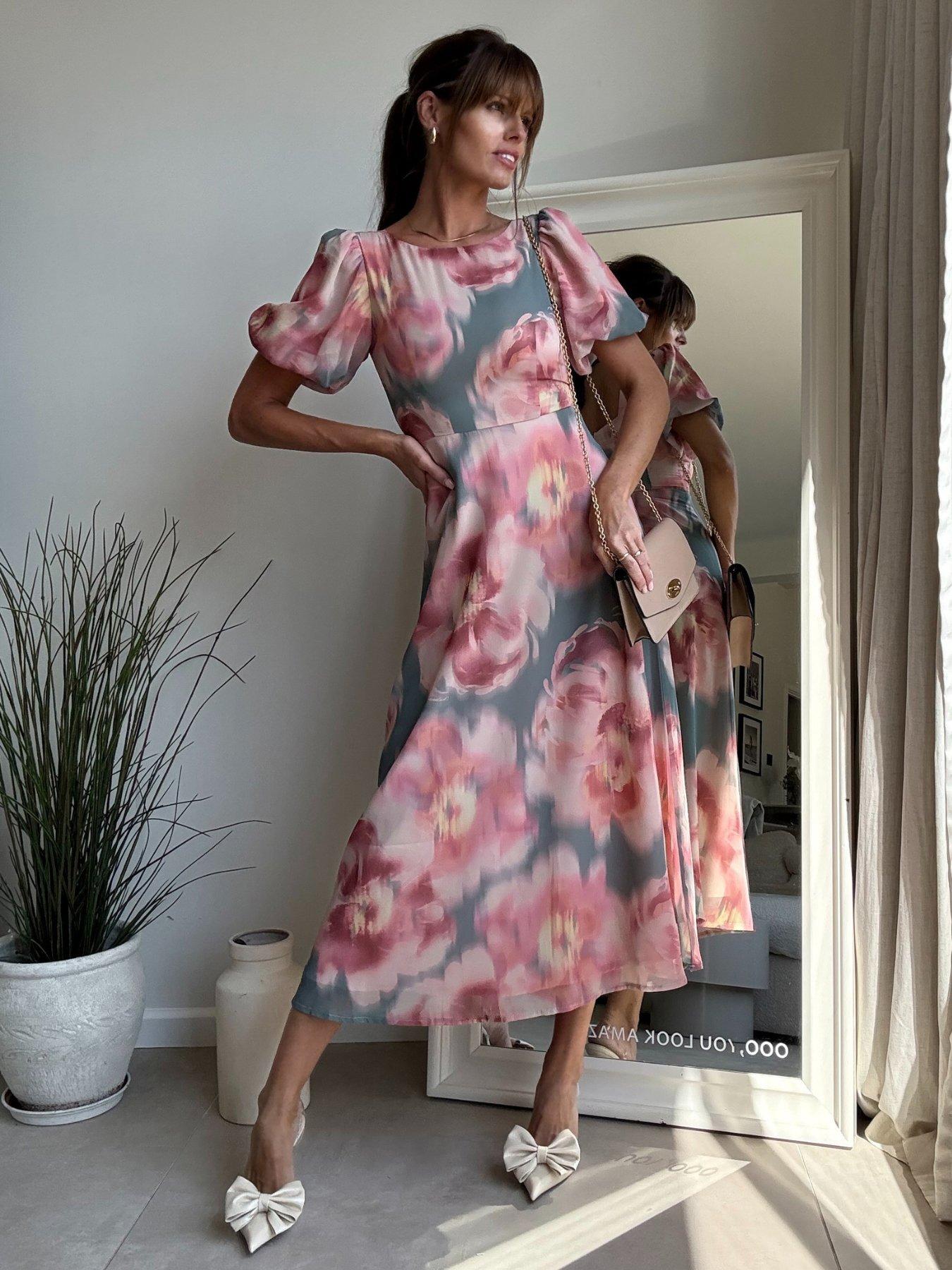 undefined Puff Sleeve Midi Dress - Multi