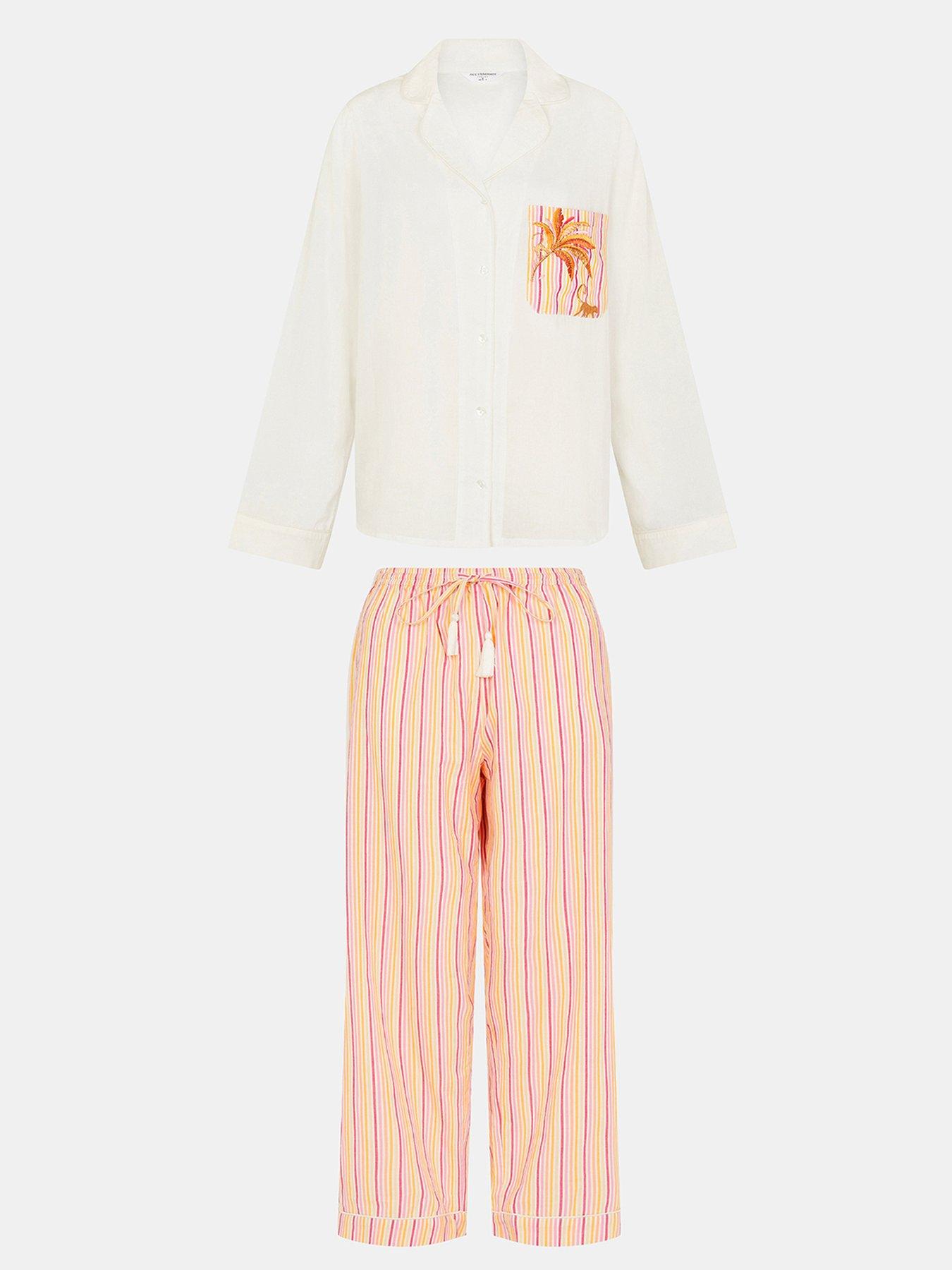 Image 3 of 4 of Accessorize Embroidered Stripe Long Pyjamas Set - Pink