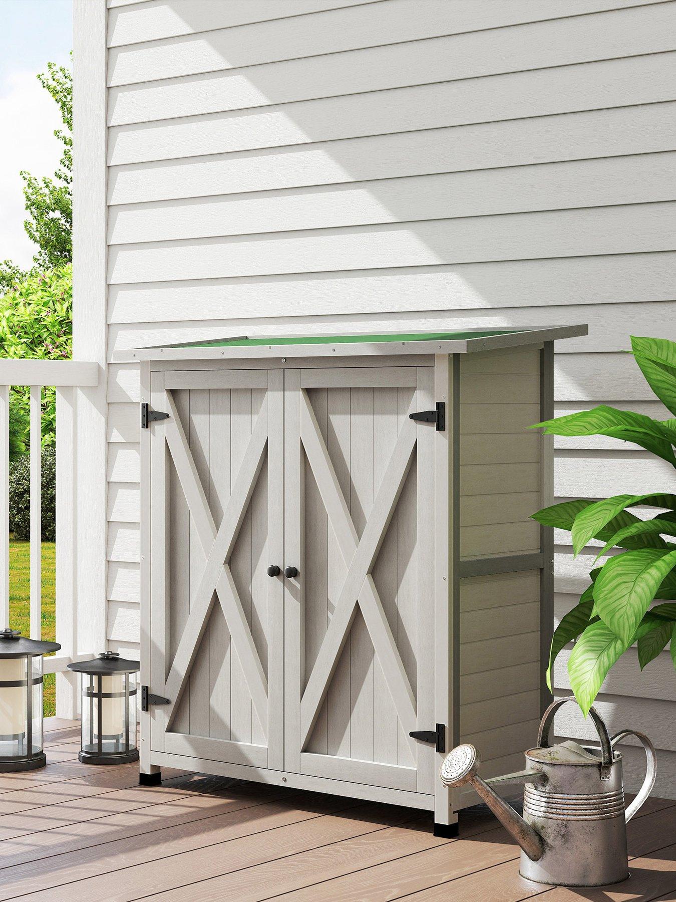  image of outsunny-wood-garden-storage-shed-tool-cabinet-w-shelves-light-grey