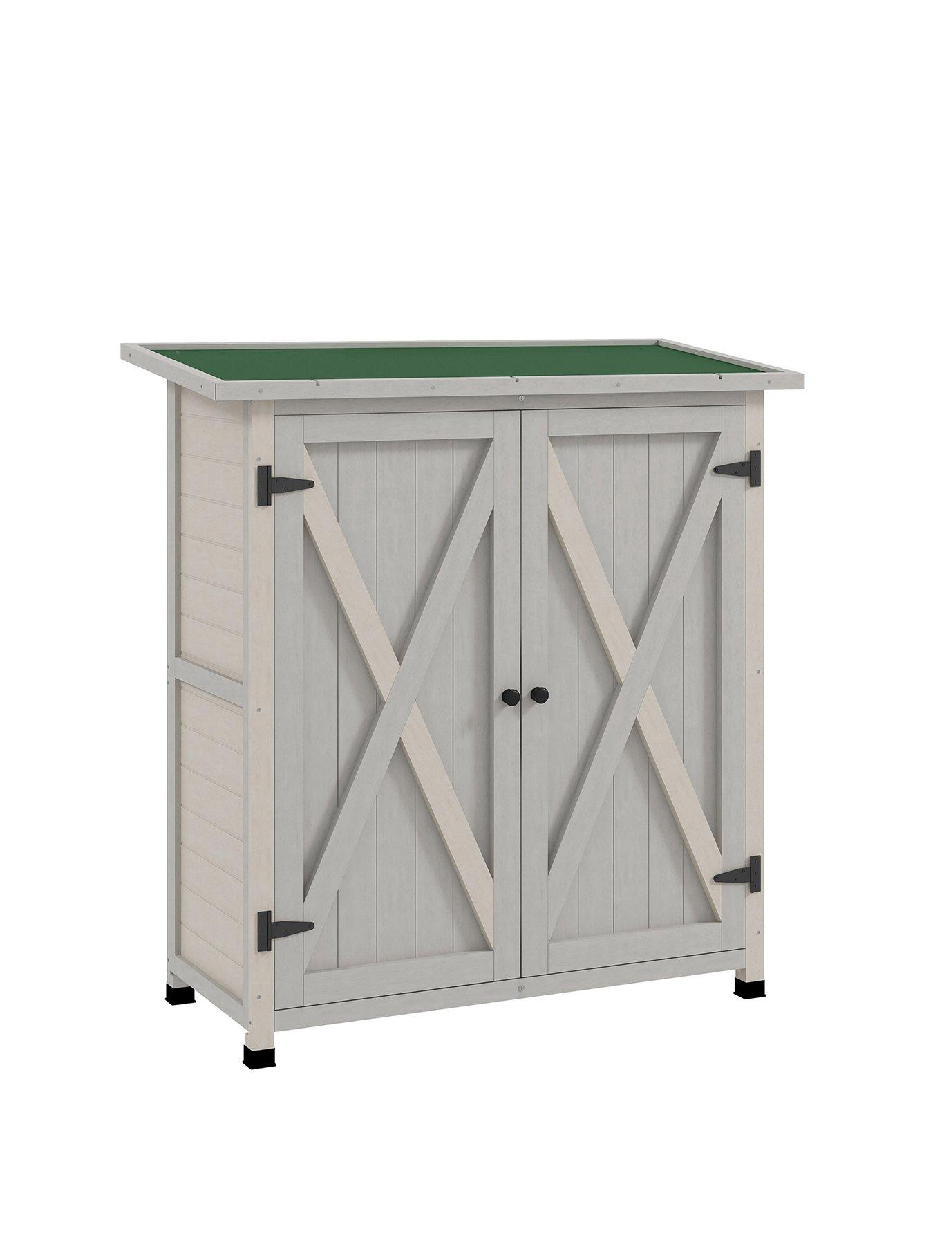 stillFront image of outsunny-wood-garden-storage-shed-tool-cabinet-w-shelves-light-grey