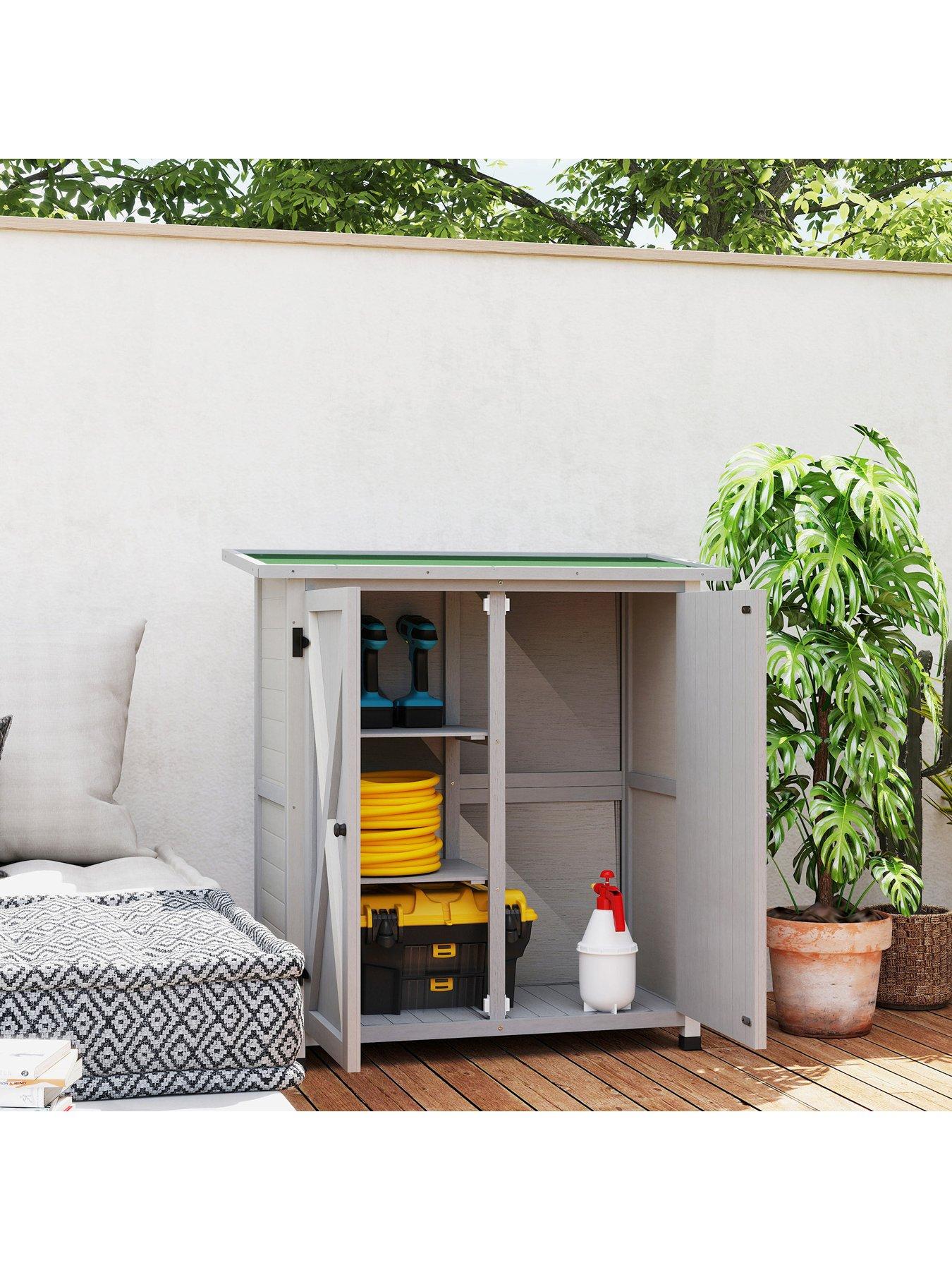  image of outsunny-wood-garden-storage-shed-tool-cabinet-w-shelves-light-grey