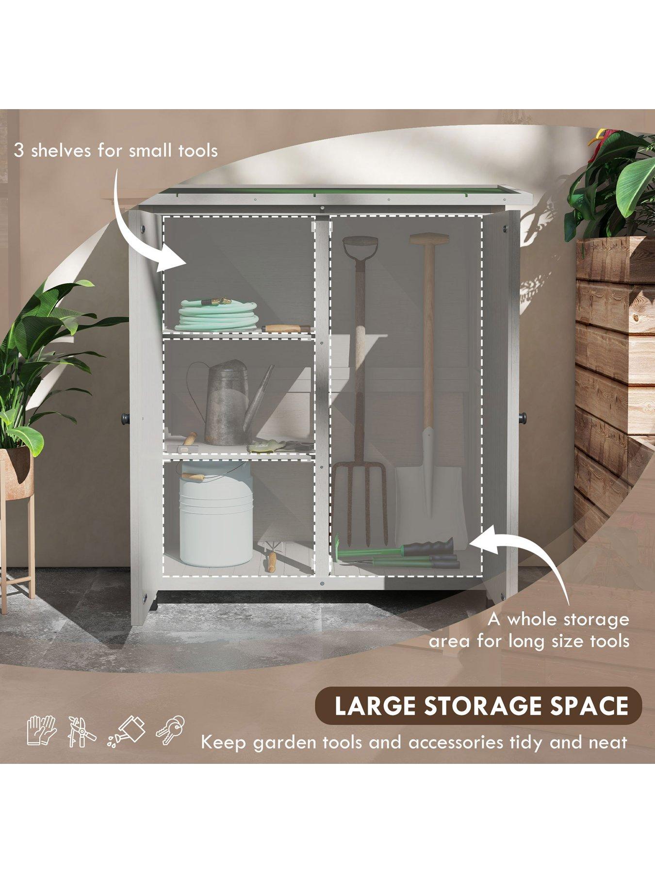 image of outsunny-wood-garden-storage-shed-tool-cabinet-w-shelves-light-grey