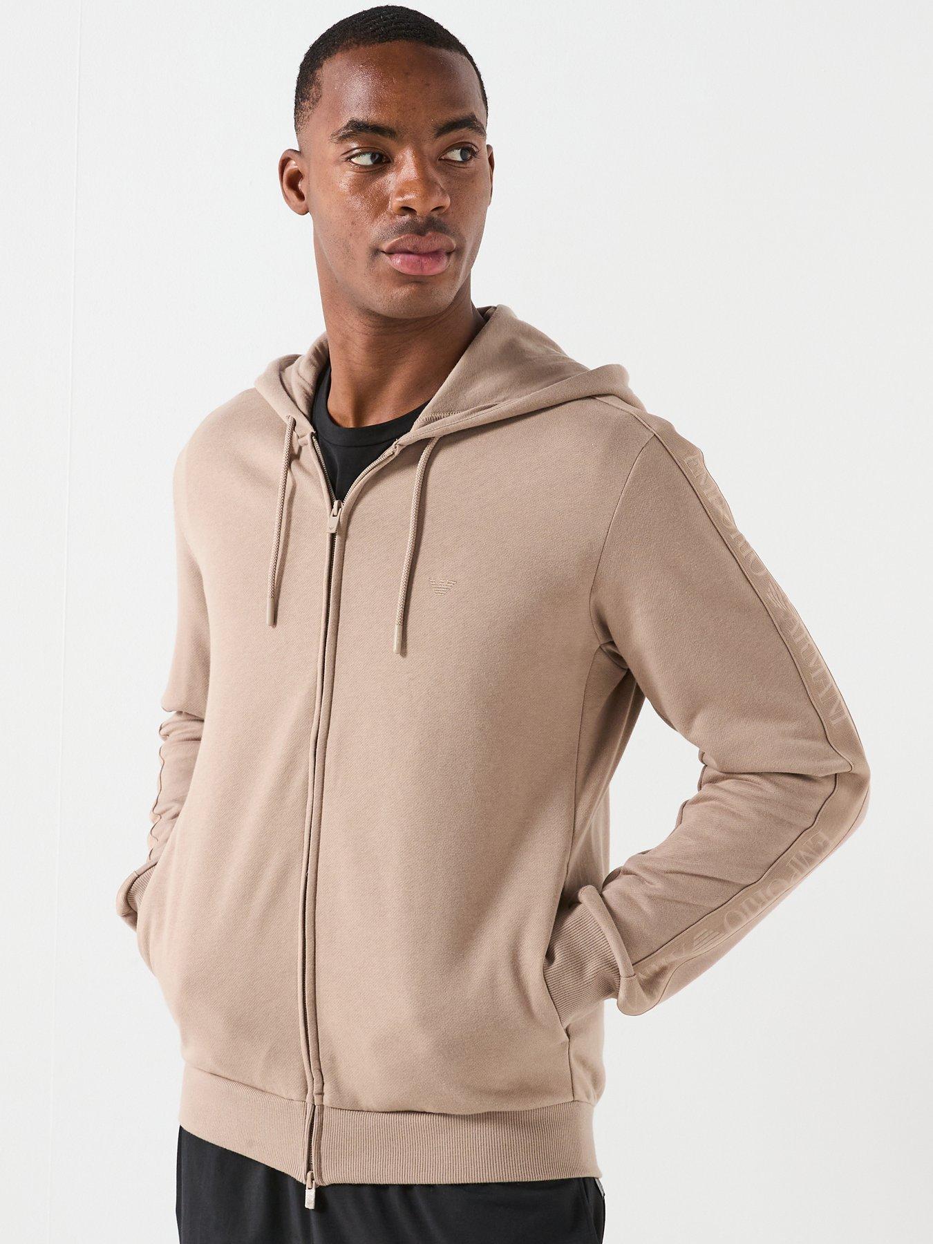  image of emporio-armani-bodywear-basic-terry-tape-zip-through-hooded-lounge-top-light-brown