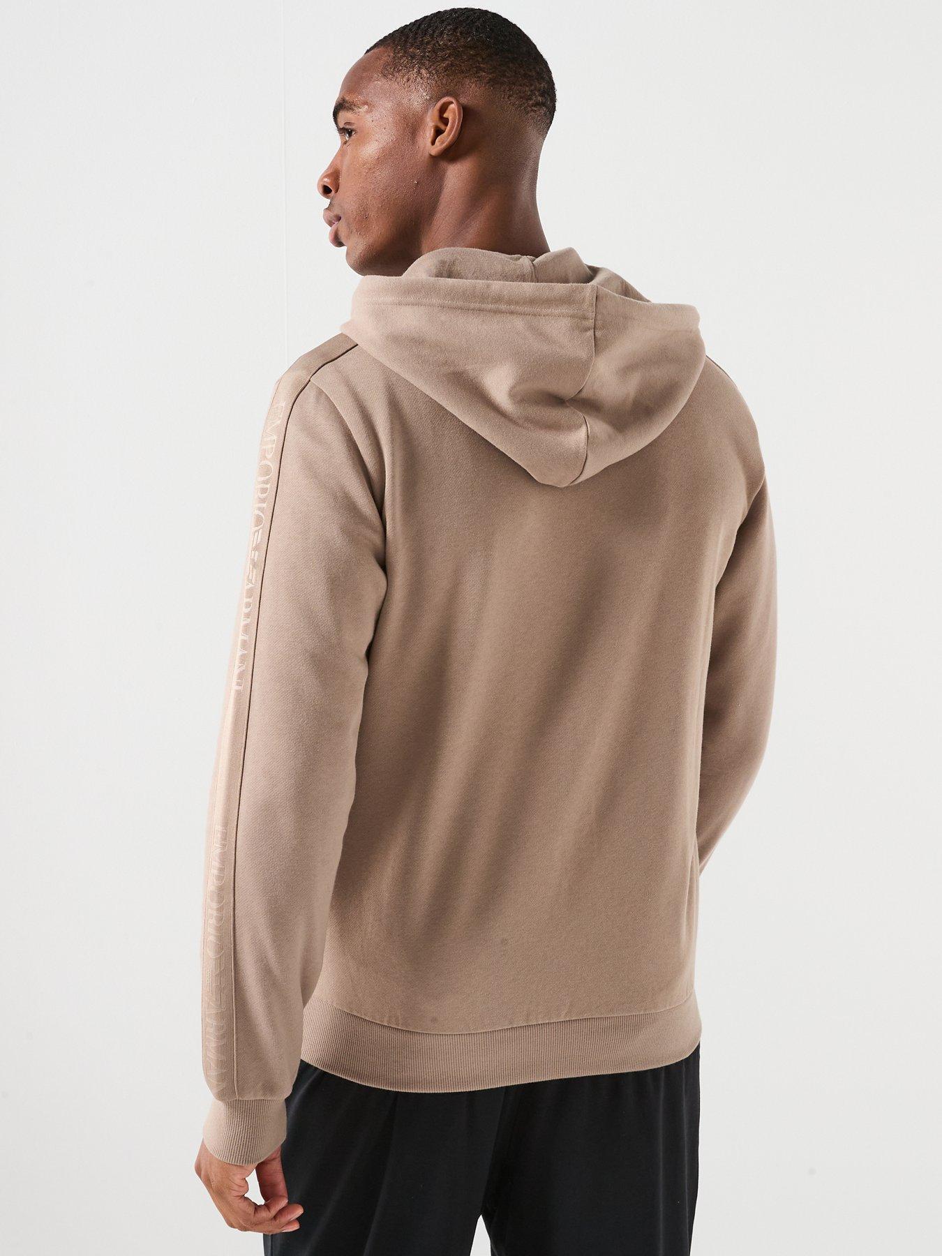  image of emporio-armani-bodywear-basic-terry-tape-zip-through-hooded-lounge-top-light-brown