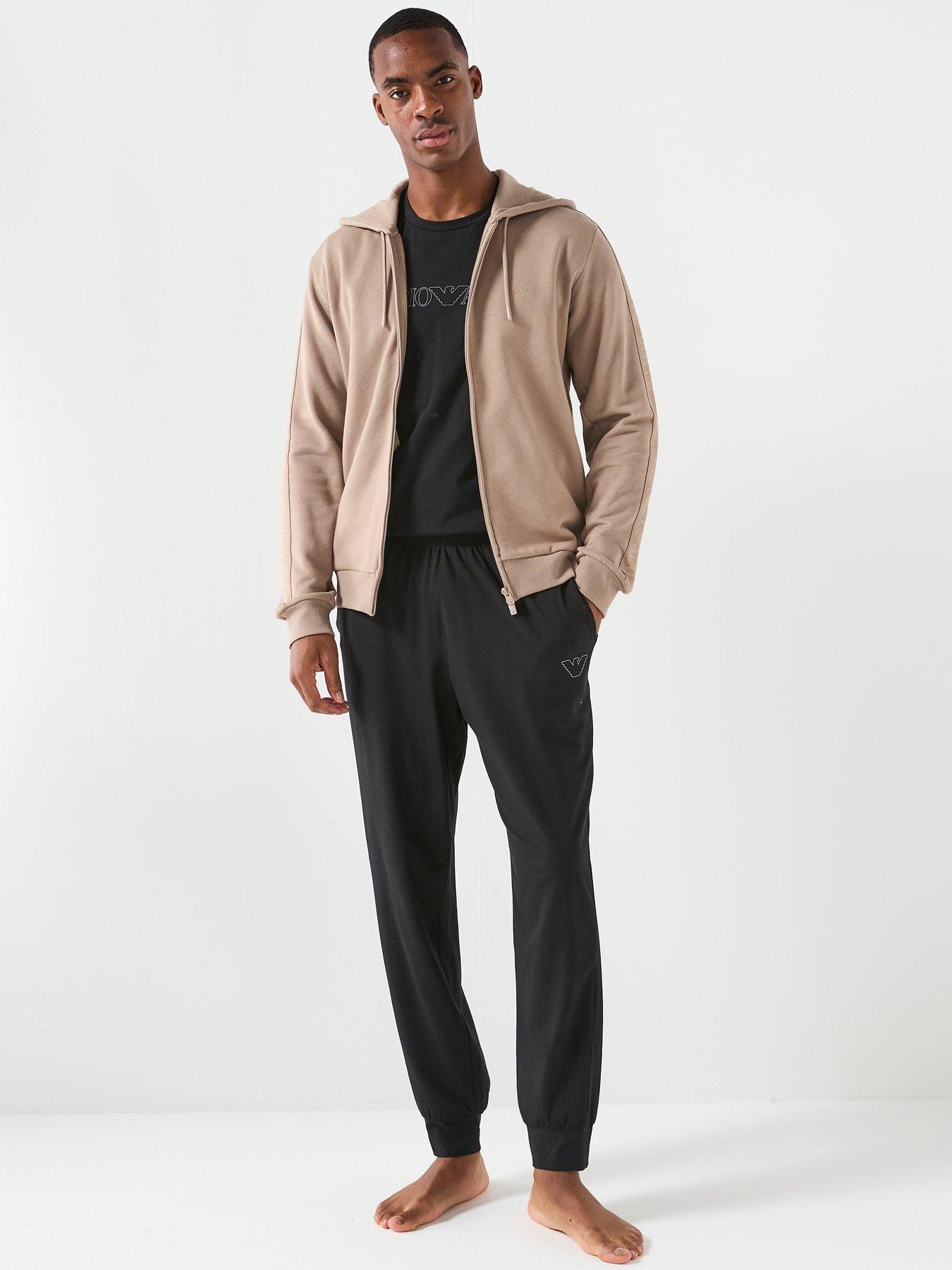  image of emporio-armani-bodywear-basic-terry-tape-zip-through-hooded-lounge-top-light-brown