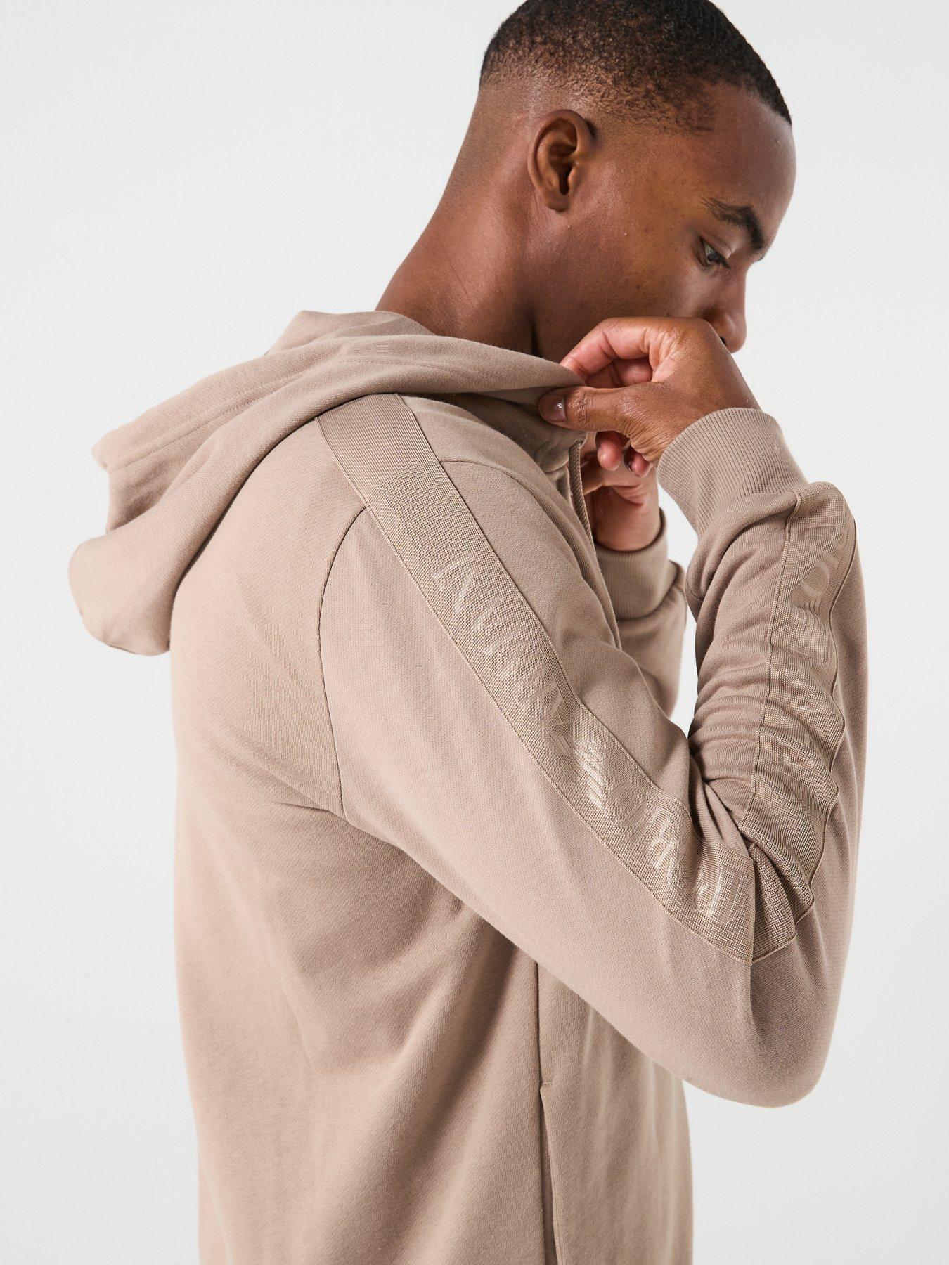  image of emporio-armani-bodywear-basic-terry-tape-zip-through-hooded-lounge-top-light-brown