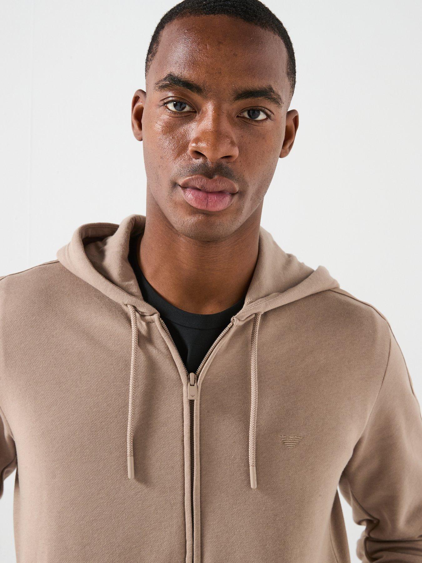  image of emporio-armani-bodywear-basic-terry-tape-zip-through-hooded-lounge-top-light-brown