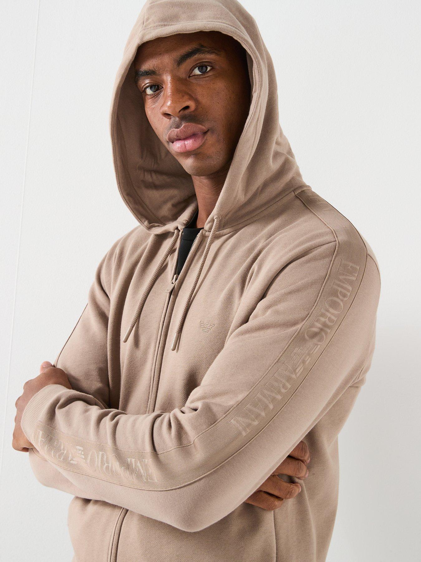  image of emporio-armani-bodywear-basic-terry-tape-zip-through-hooded-lounge-top-light-brown