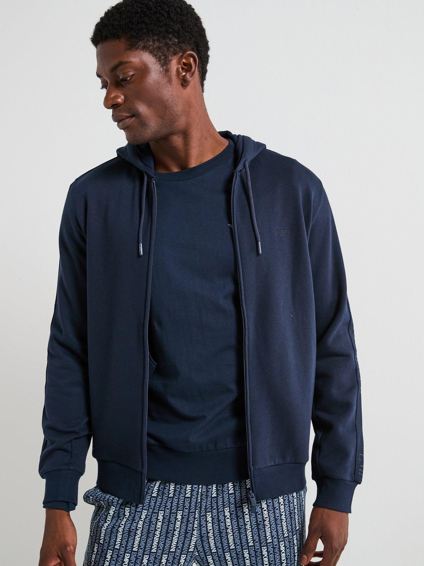 Emporio Armani Bodywear Basic Terry Tape Zip Through Hooded Lounge Top - Navy