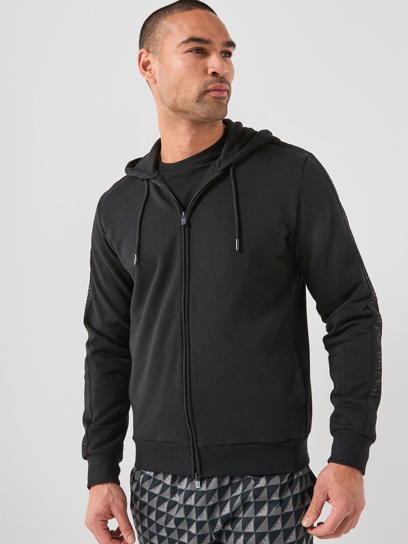 Image 1 of 5 of Emporio Armani Bodywear Basic Terry Tape Zip Through Hooded Lounge Top - Black