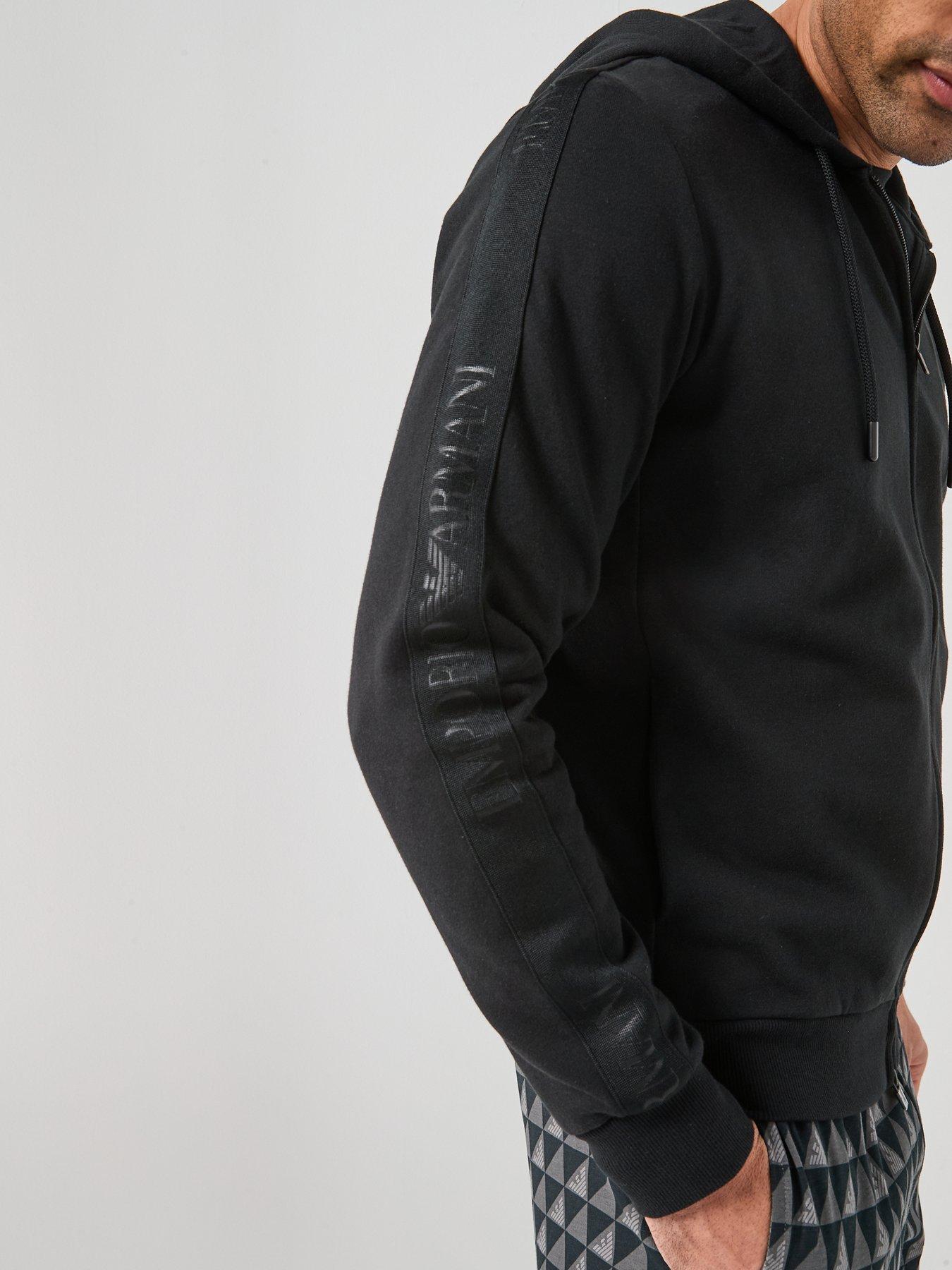 Image 4 of 5 of Emporio Armani Bodywear Basic Terry Tape Zip Through Hooded Lounge Top - Black