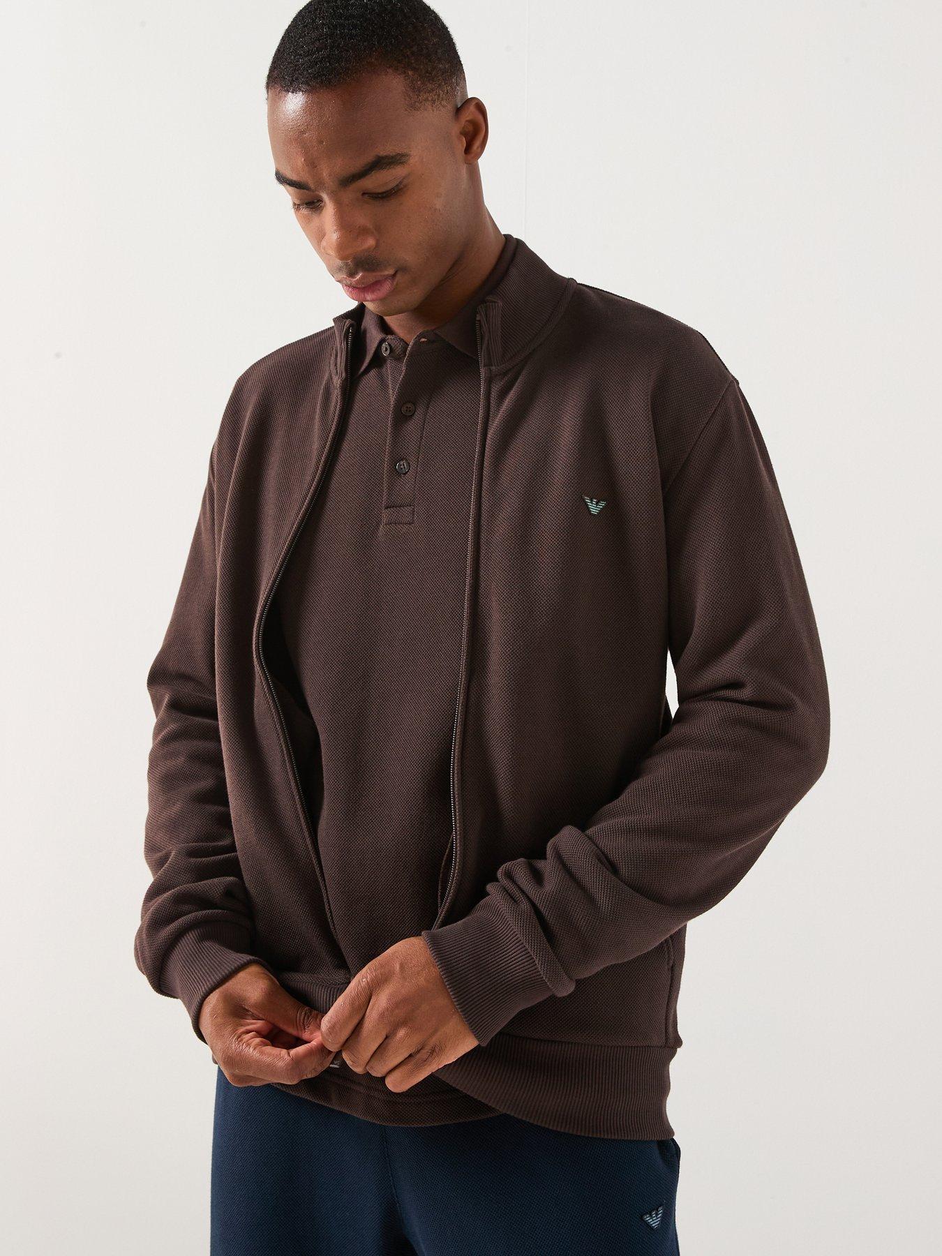 Emporio Armani Bodywear Iconic Piquet Zip Through Sweat Top - Dark Brown
