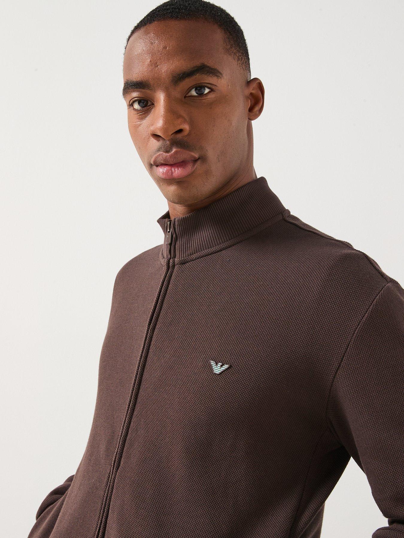  image of emporio-armani-bodywear-iconic-piquet-zip-through-sweat-top-dark-brown