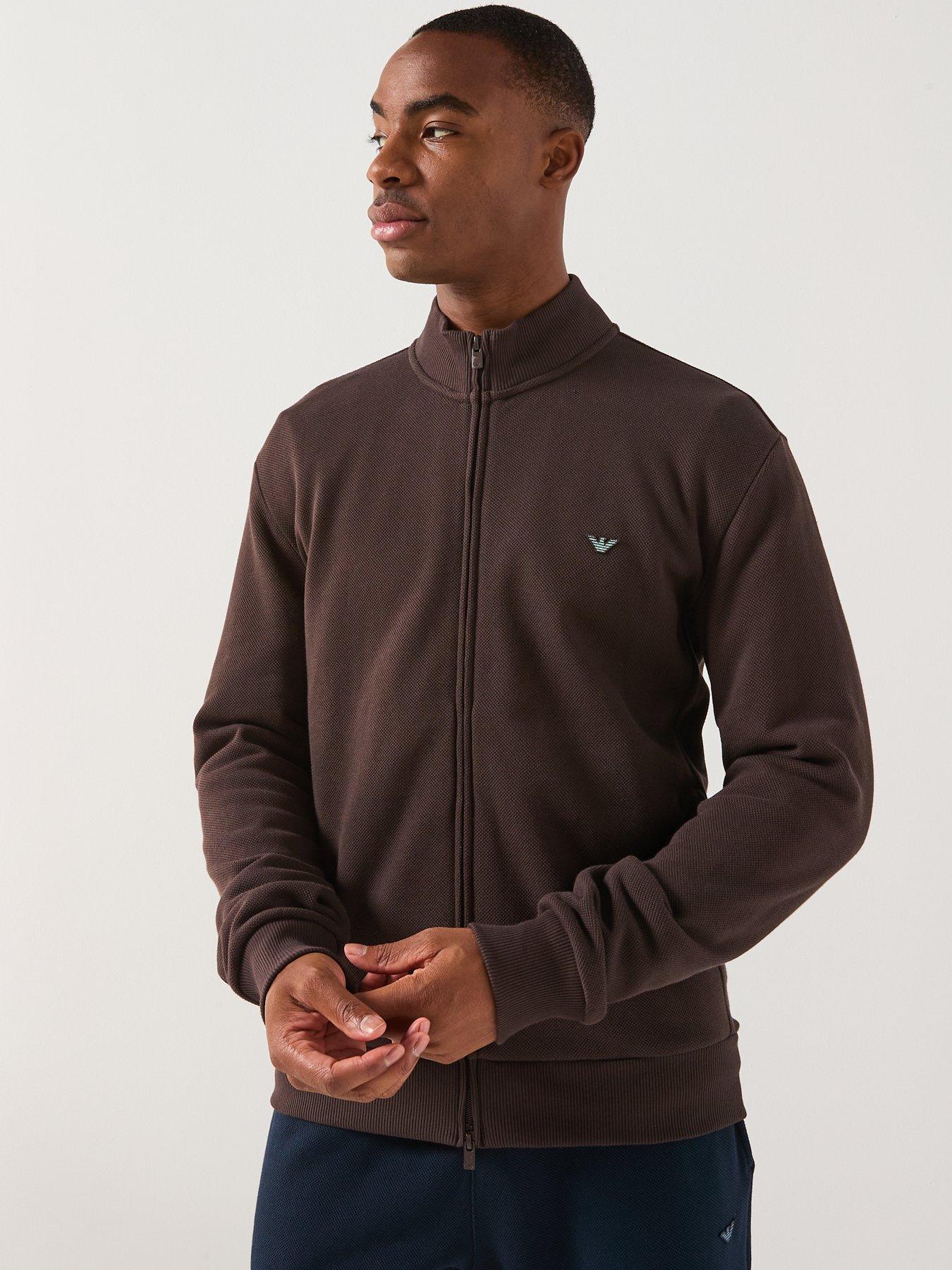  image of emporio-armani-bodywear-iconic-piquet-zip-through-sweat-top-dark-brown