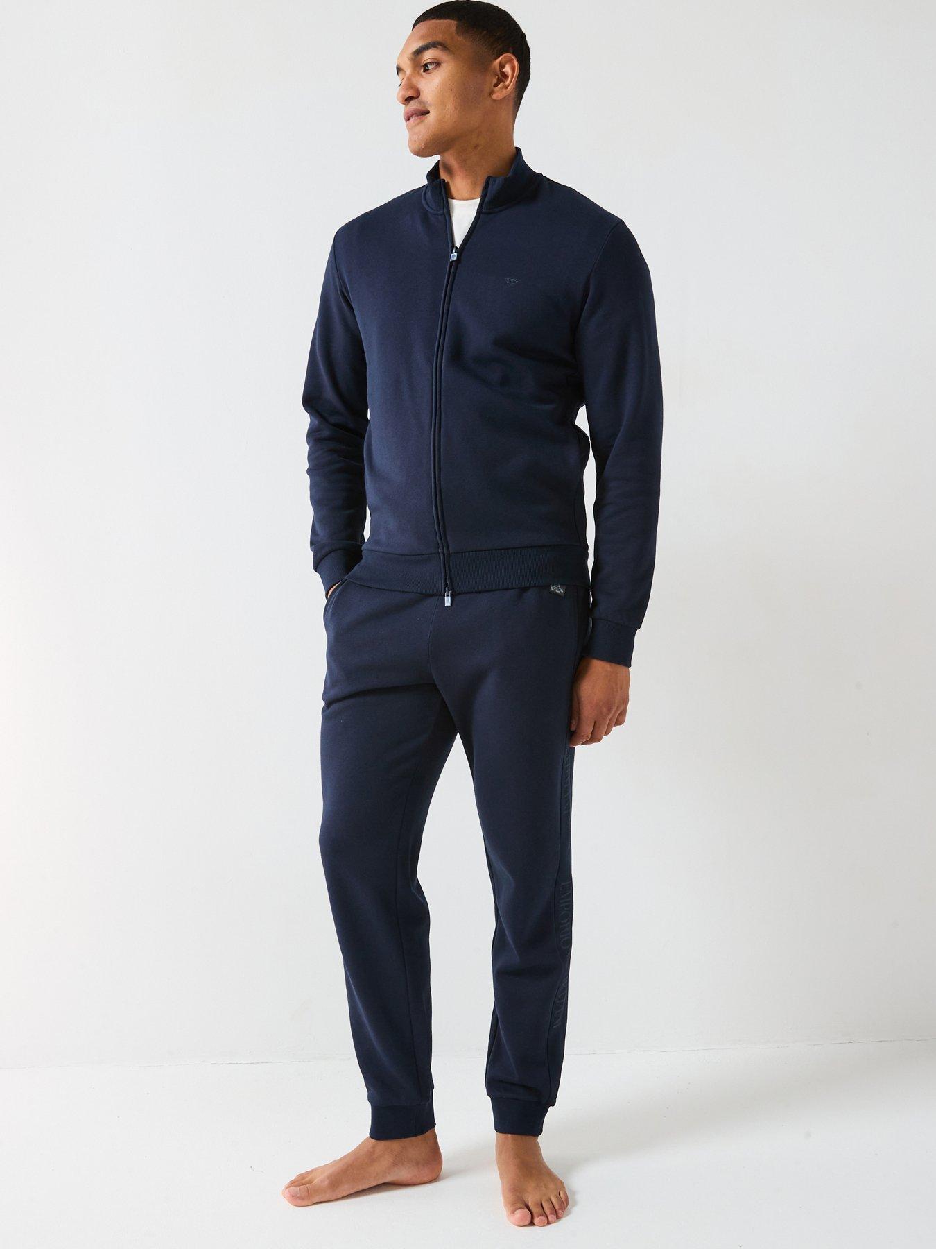  image of emporio-armani-bodywear-basic-terry-tape-zip-through-lounge-set-navy