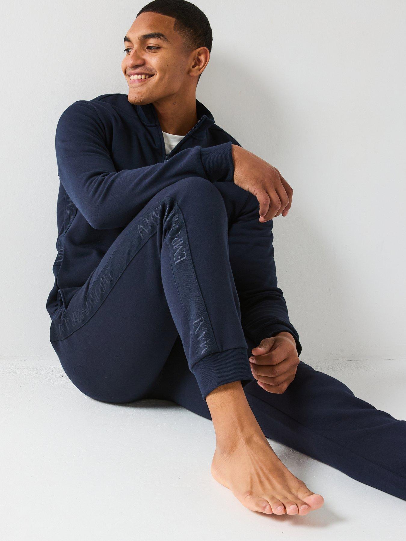 image of emporio-armani-bodywear-basic-terry-tape-zip-through-lounge-set-navy