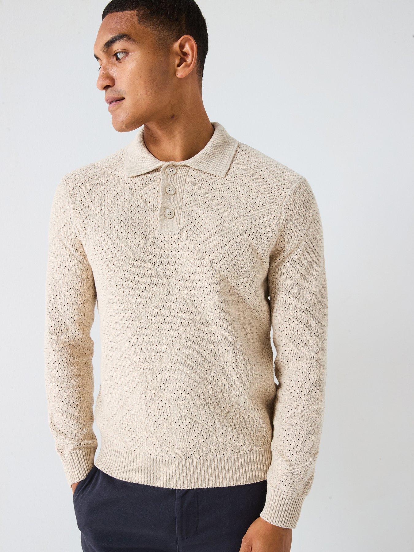 ONLY & SONS Map Long Sleeve Chevron Knitted Polo - Beige