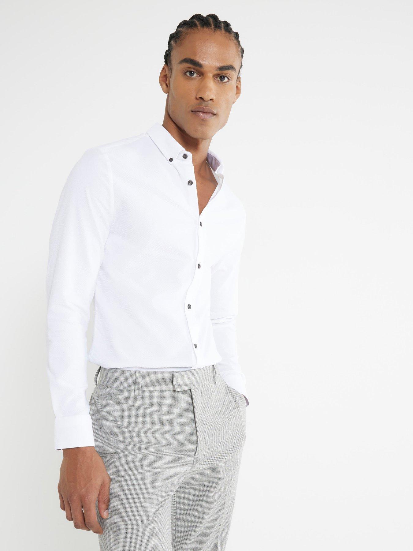 undefined Long Sleeve Textured Muscle Fit Shirt - White