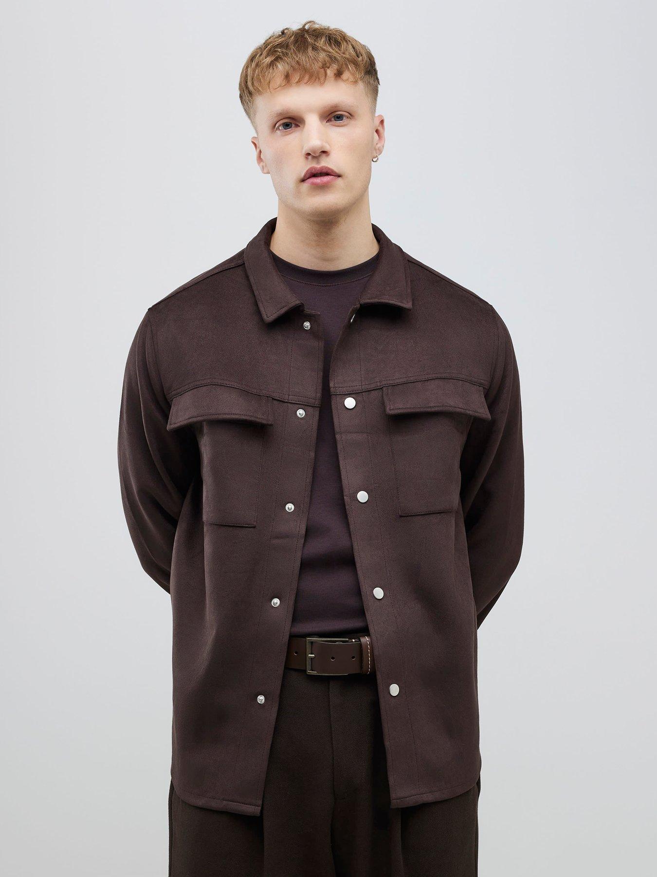 River Island Long Sleeve Suede Overshirt - Dark Brown