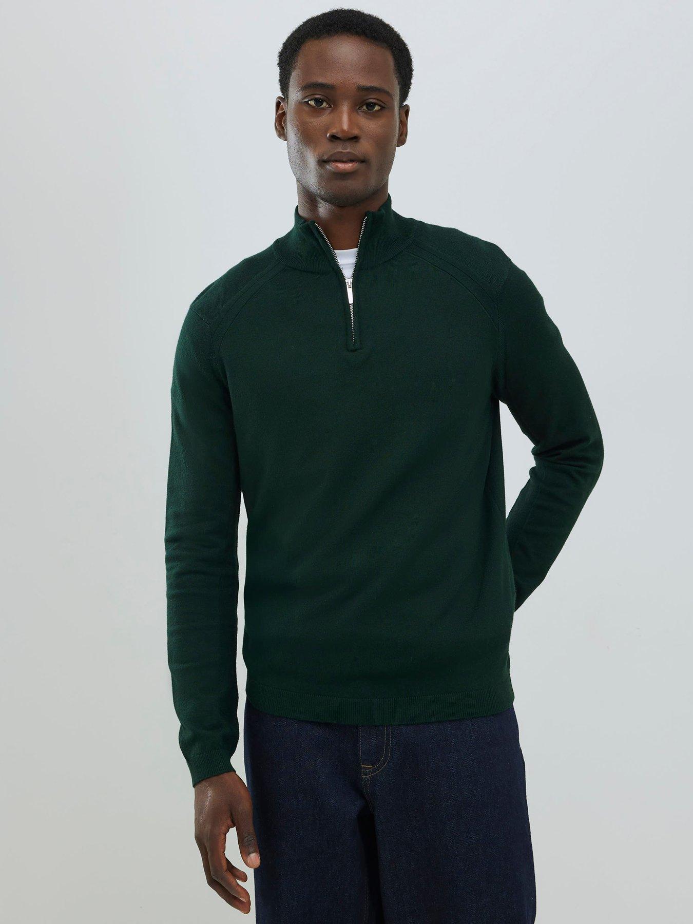 River Island Smart Quarter Zip Knitted Jumper - Dark Green