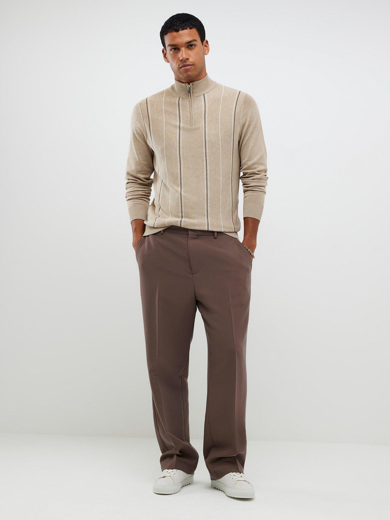 front image of river-island-half-zip-striped-knitted-jumper-beige