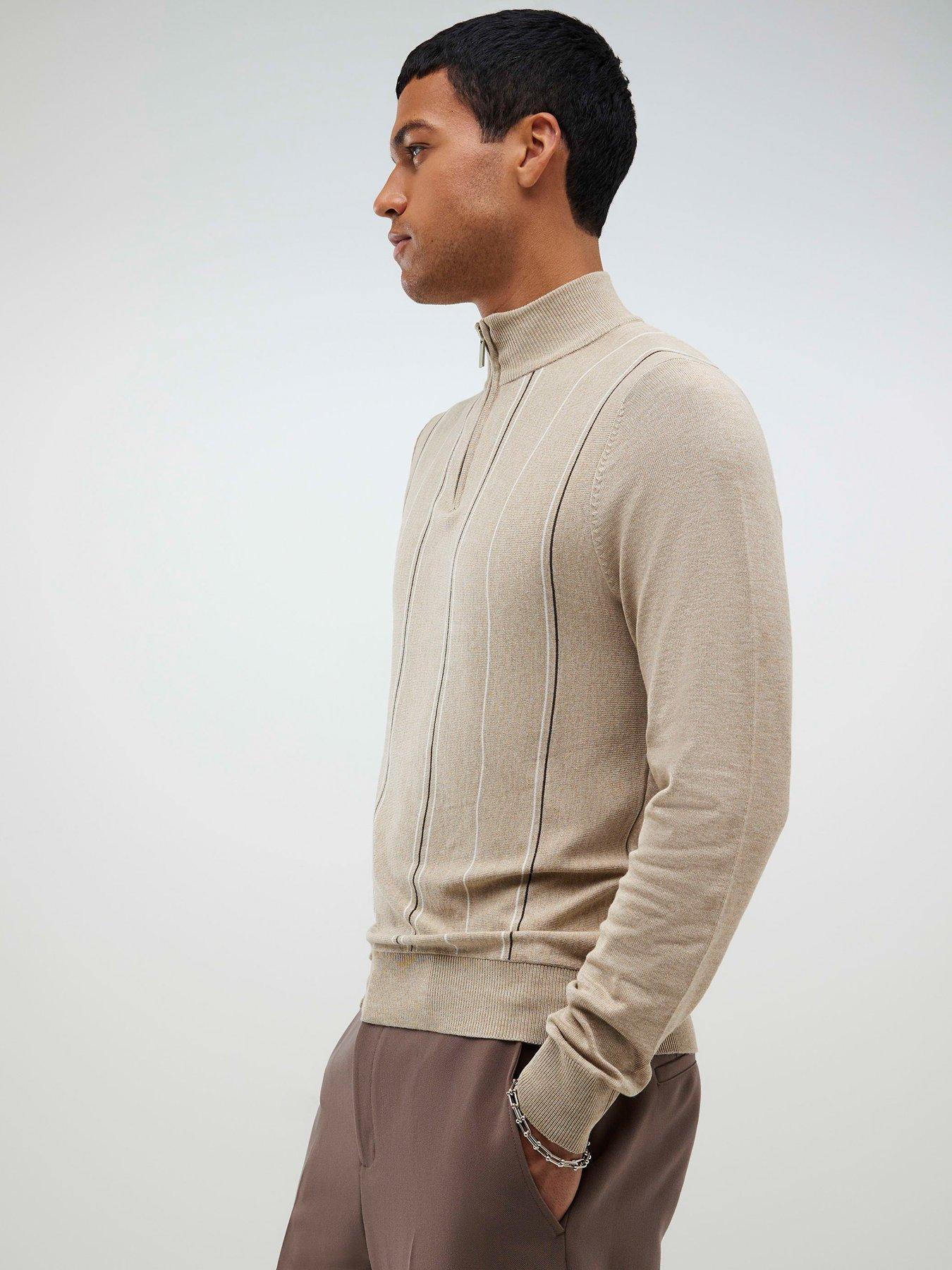  image of river-island-half-zip-striped-knitted-jumper-beige