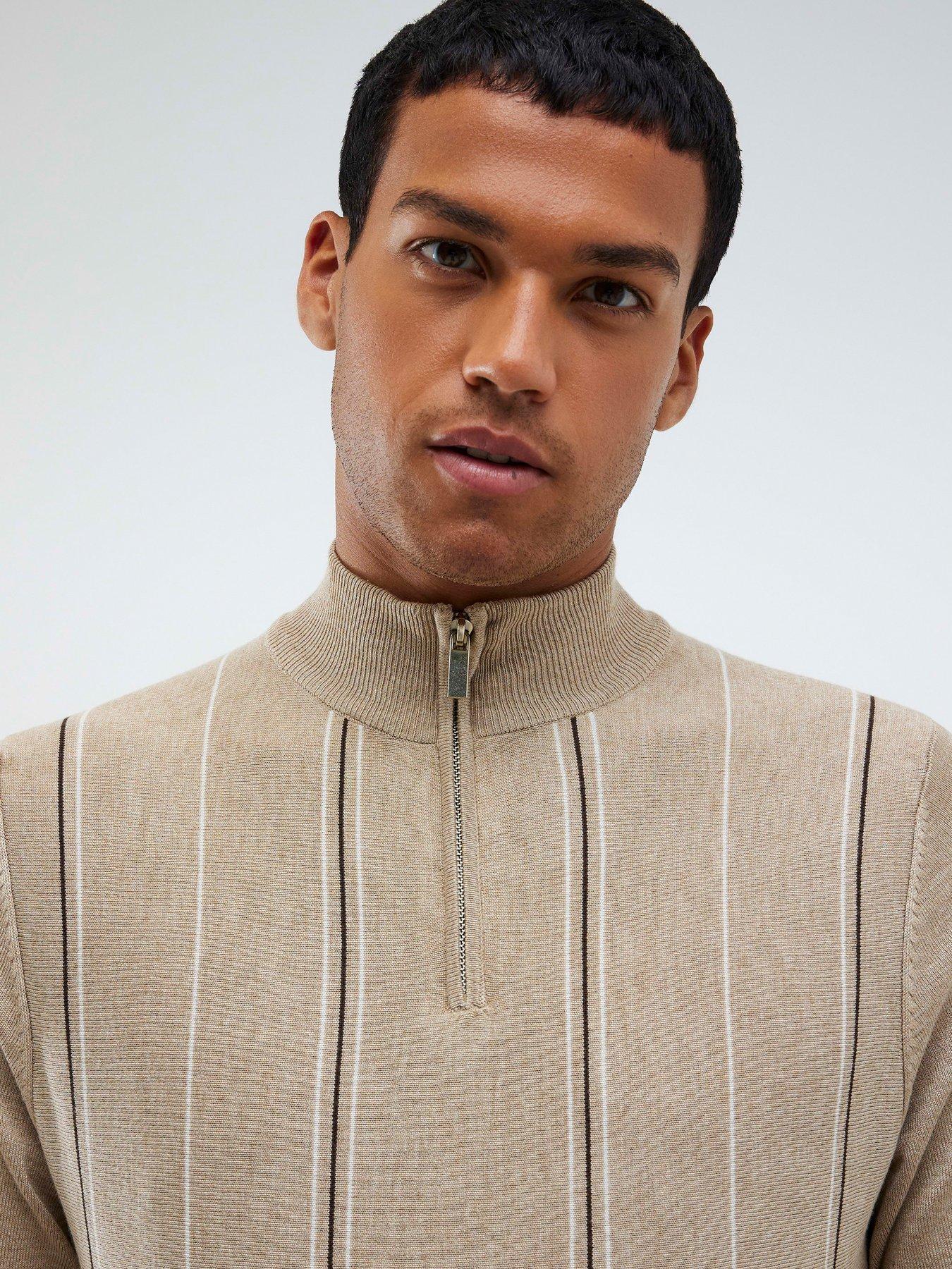  image of river-island-half-zip-striped-knitted-jumper-beige