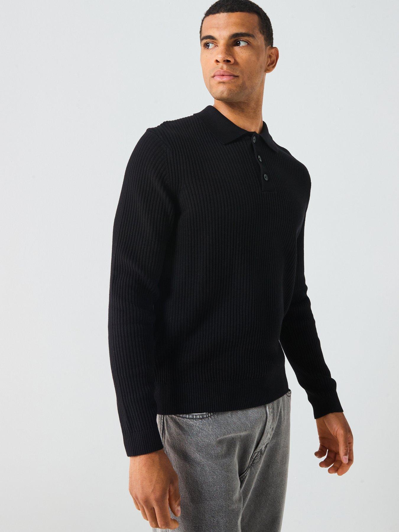  image of only-sons-long-sleeve-knitted-polo-shirt-black