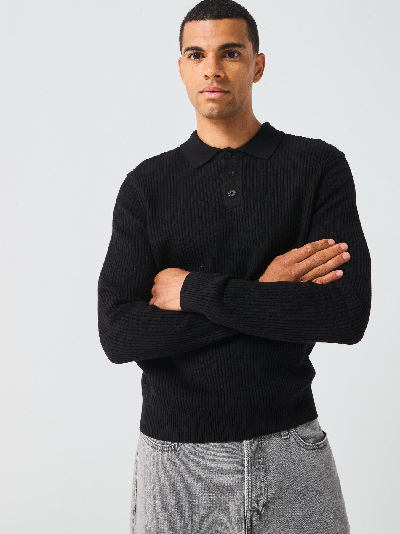  image of only-sons-long-sleeve-knitted-polo-shirt-black