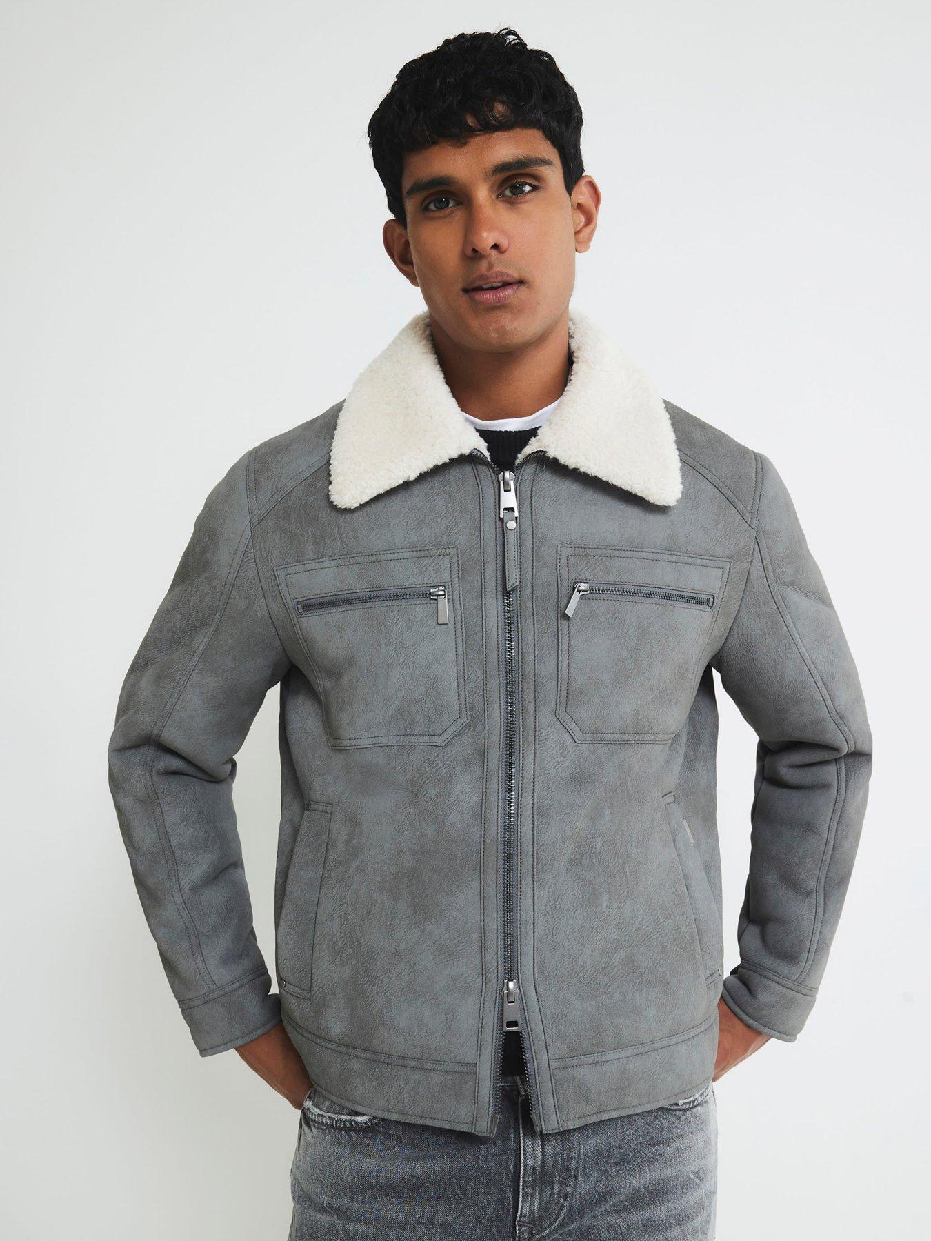 front image of river-island-nubuck-shearling-western-style-jacket-grey