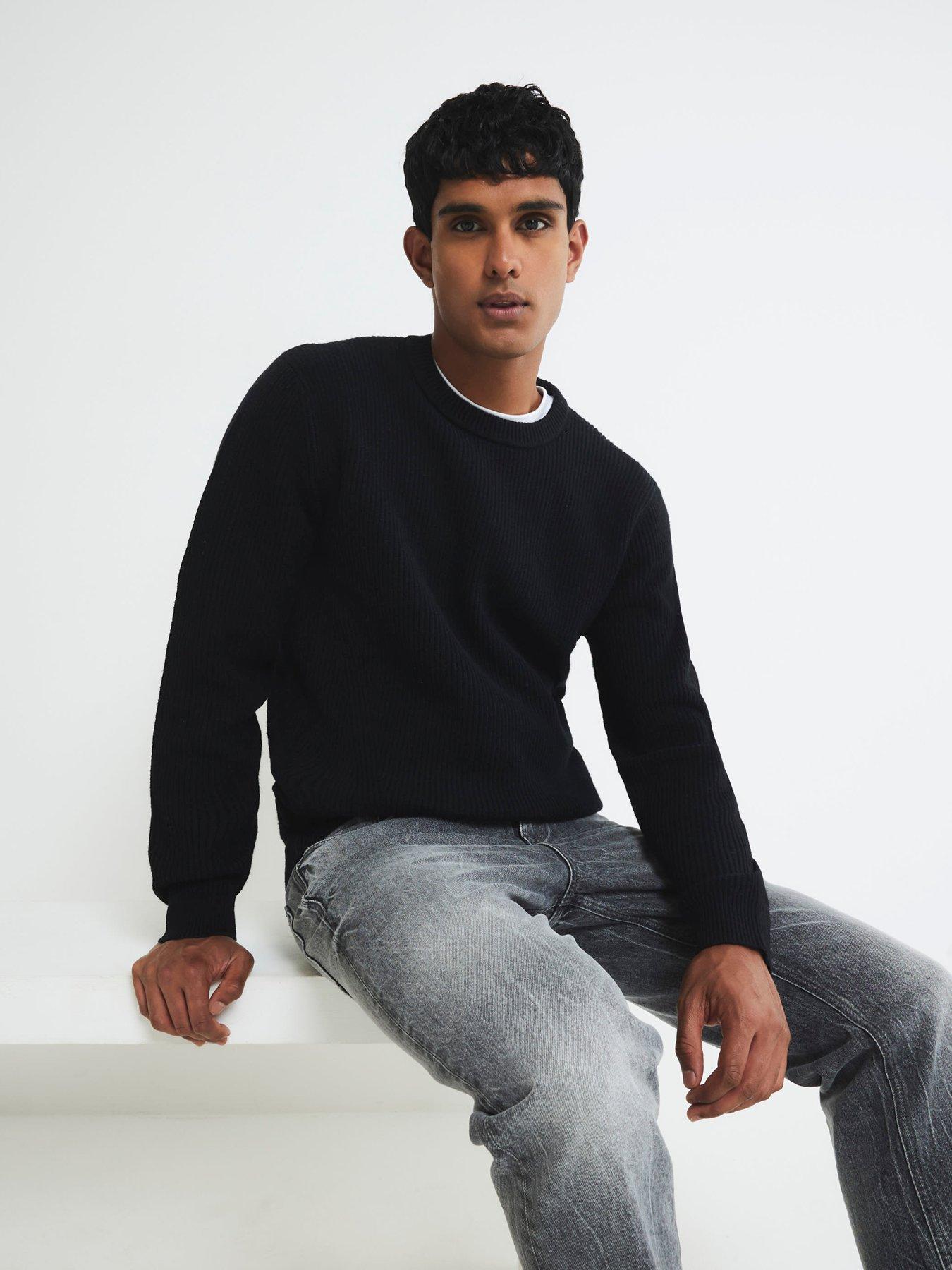  image of river-island-ribbed-easy-crew-neck-knitted-jumper-black
